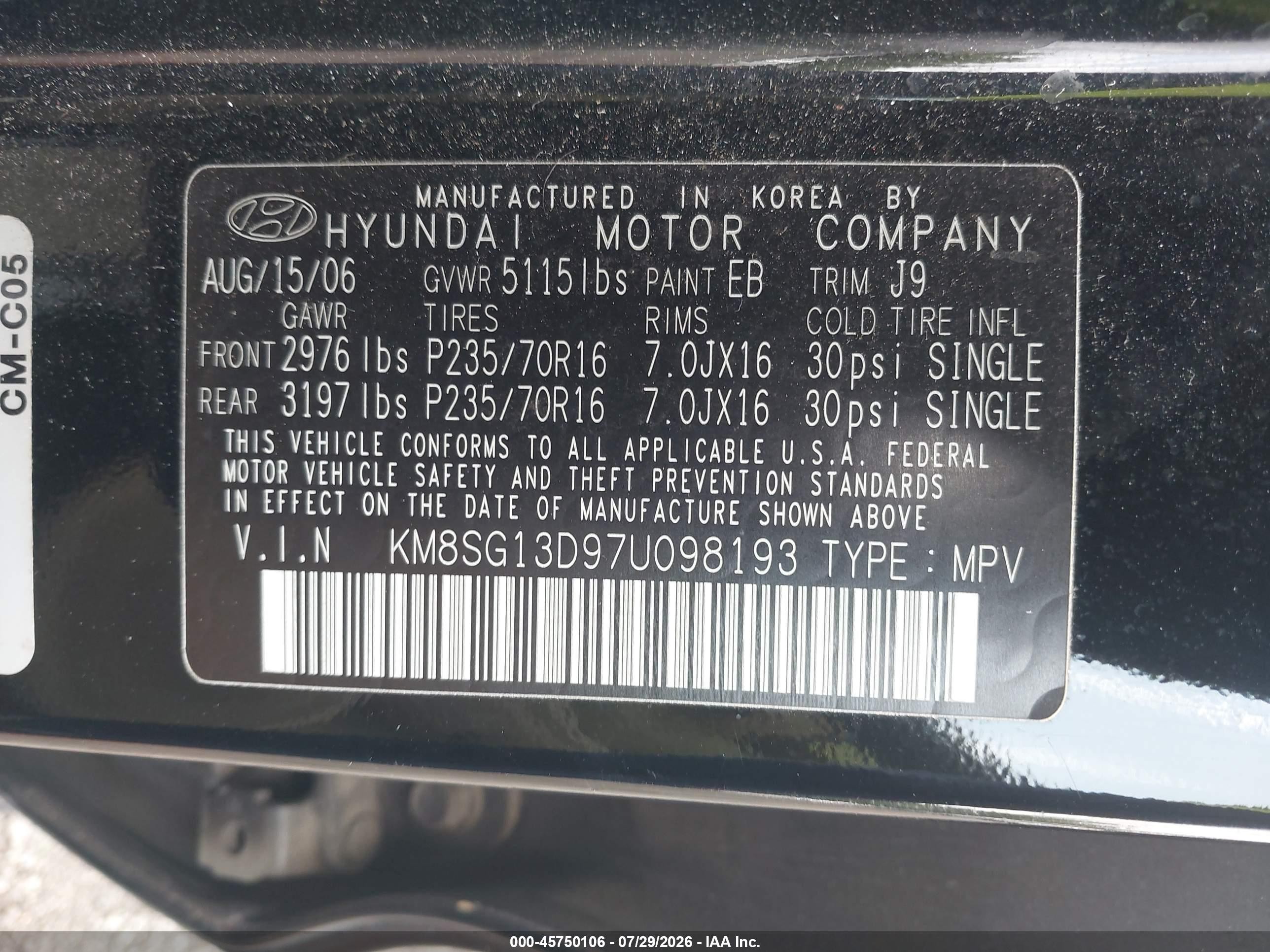2007 Hyundai Santa Fe Gls Black vin: KM8SG13D97U098193