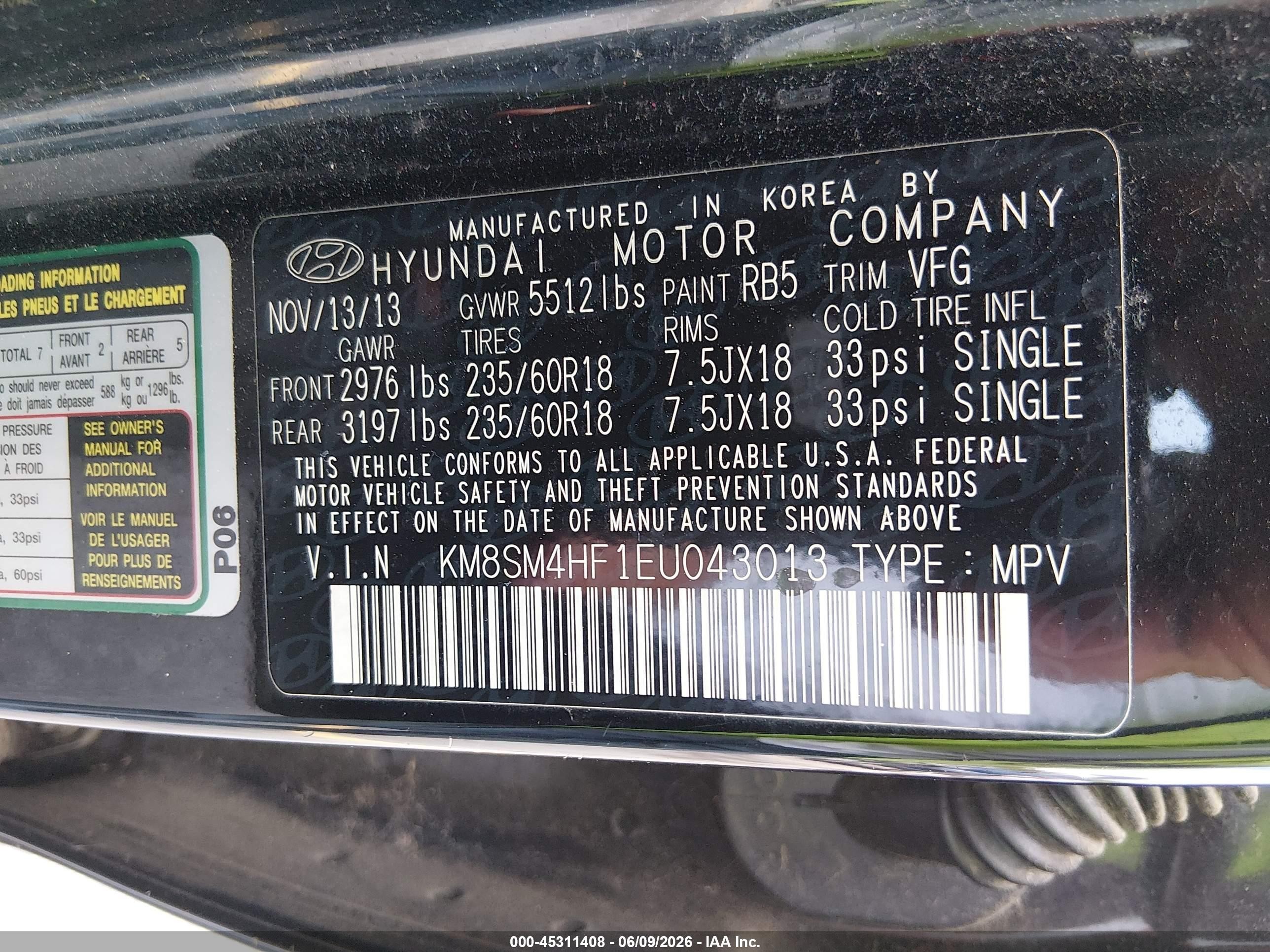 2014 Hyundai Santa Fe Gls Black vin: KM8SM4HF1EU043013
