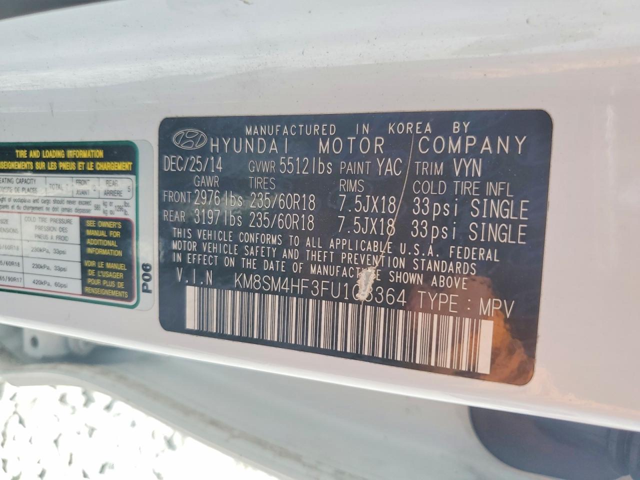2015 Hyundai Santa Fe Gls White vin: KM8SM4HF3FU108364