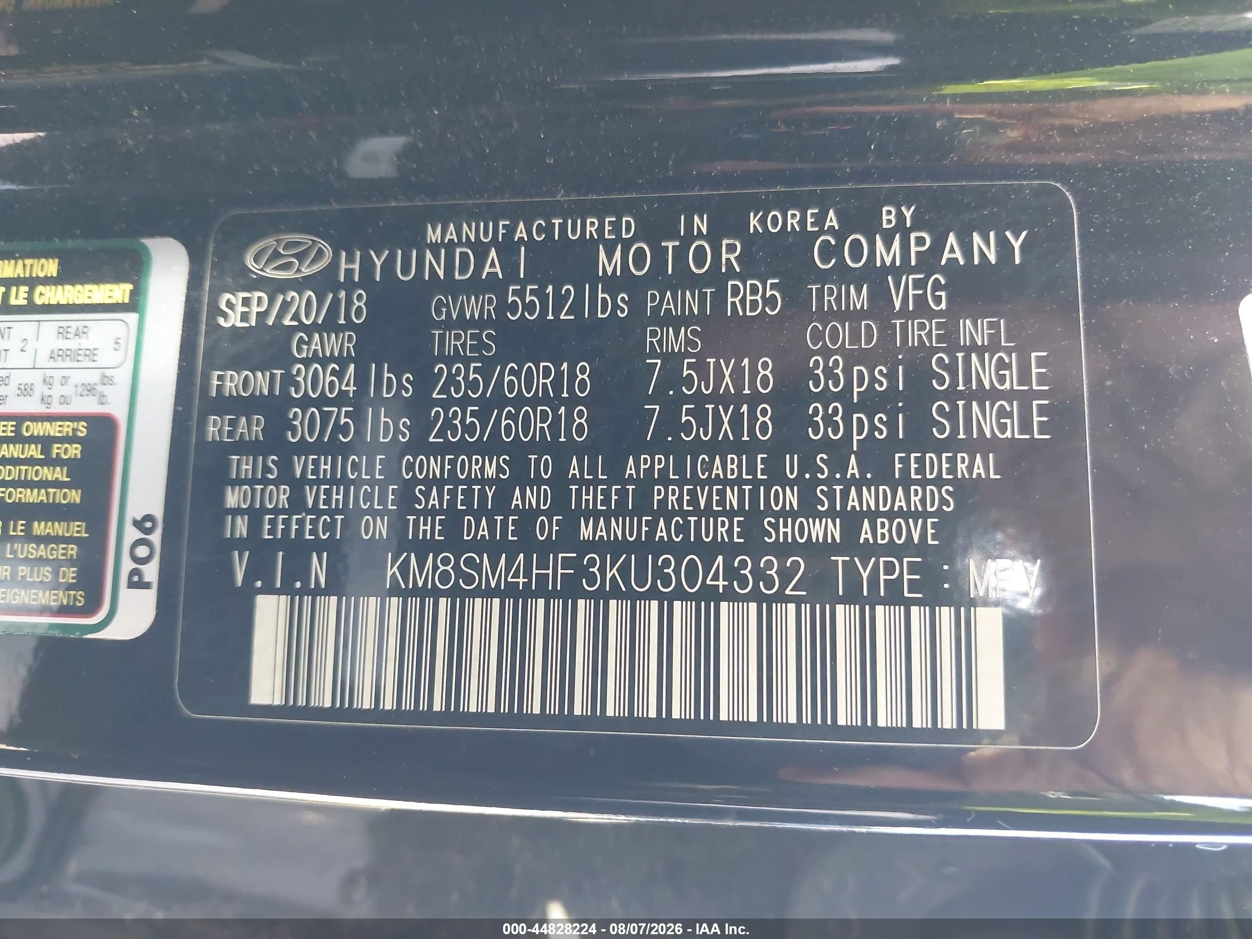 2019 Hyundai Santa Fe Xl Se Black vin: KM8SM4HF3KU304332