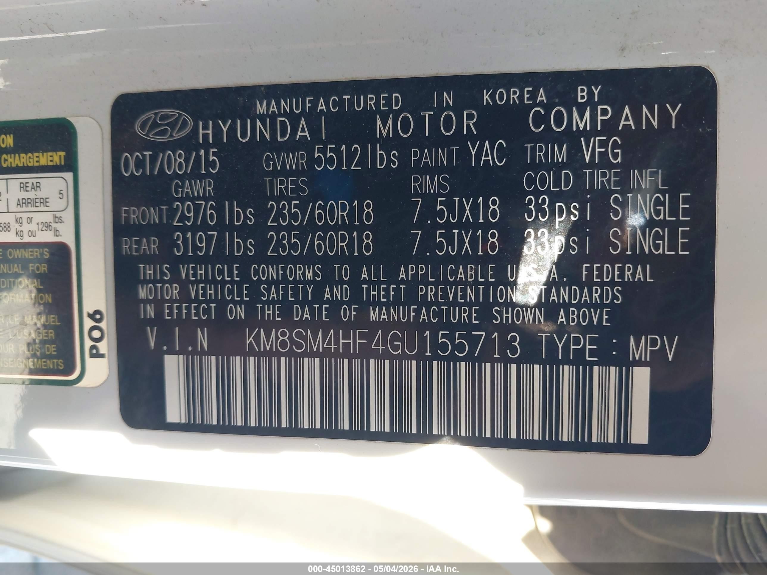 2016 Hyundai Santa Fe Se White vin: KM8SM4HF4GU155713