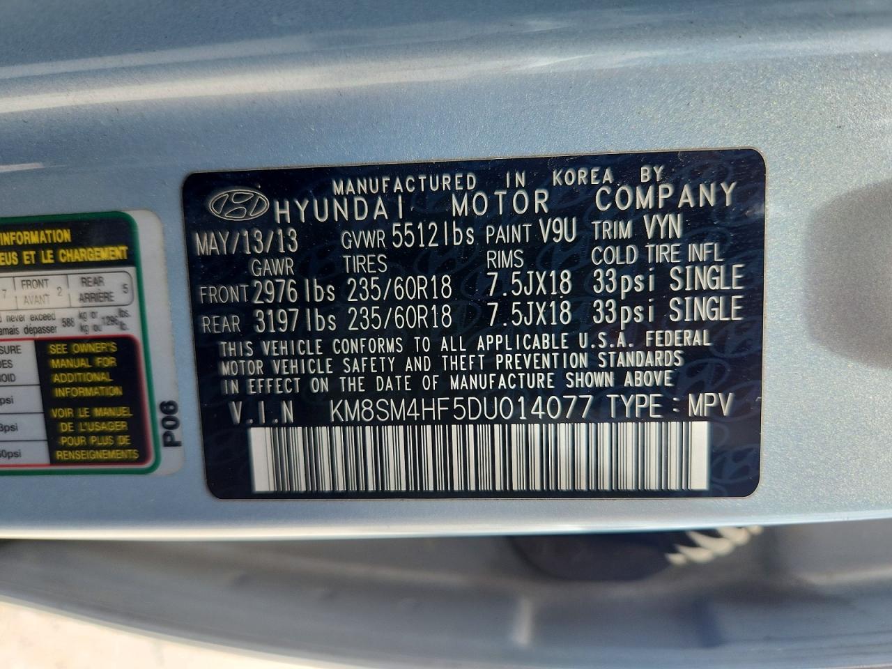 2013 Hyundai Santa Fe Gls Blue vin: KM8SM4HF5DU014077