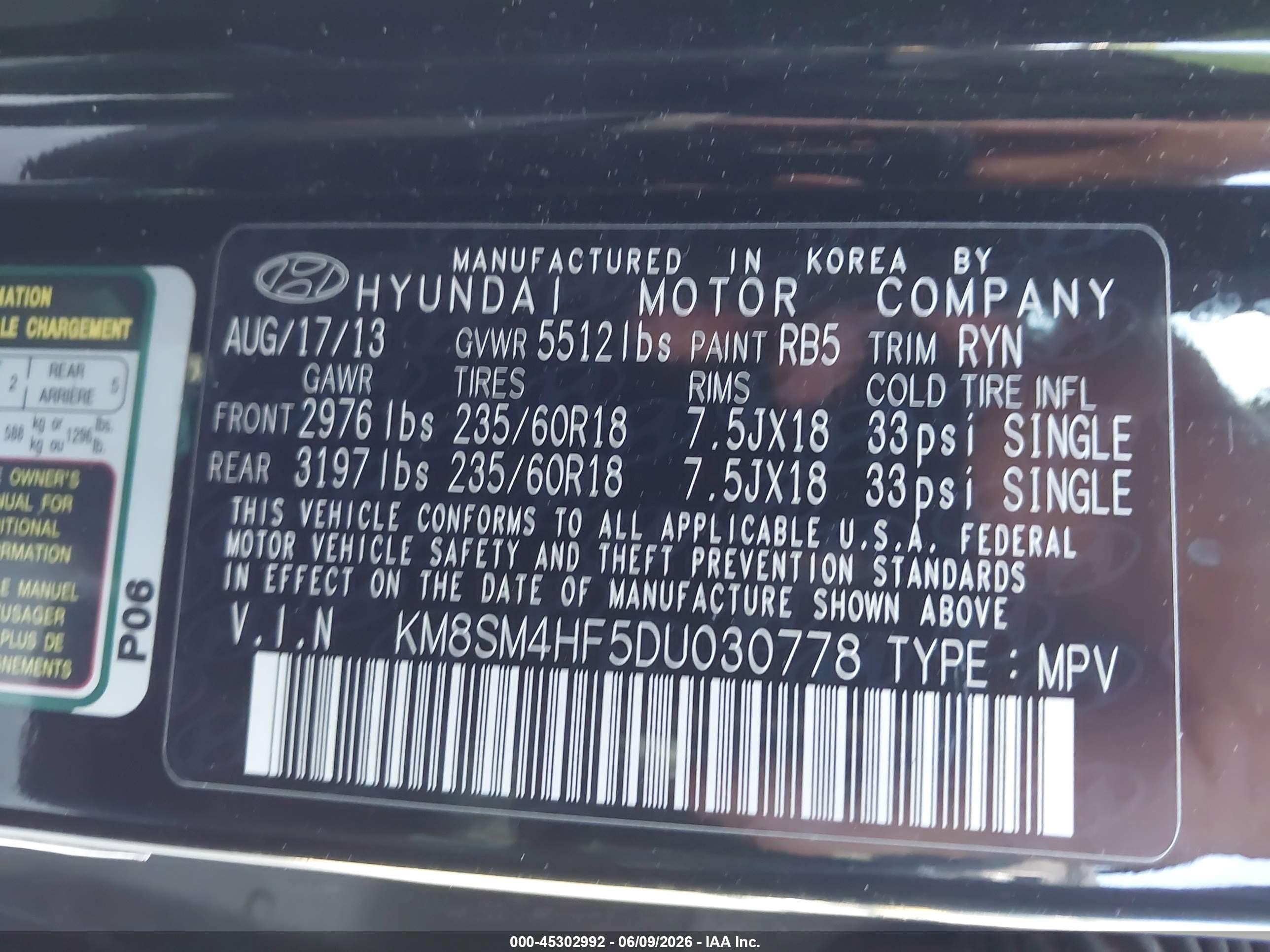 2013 Hyundai Santa Fe Gls Black vin: KM8SM4HF5DU030778