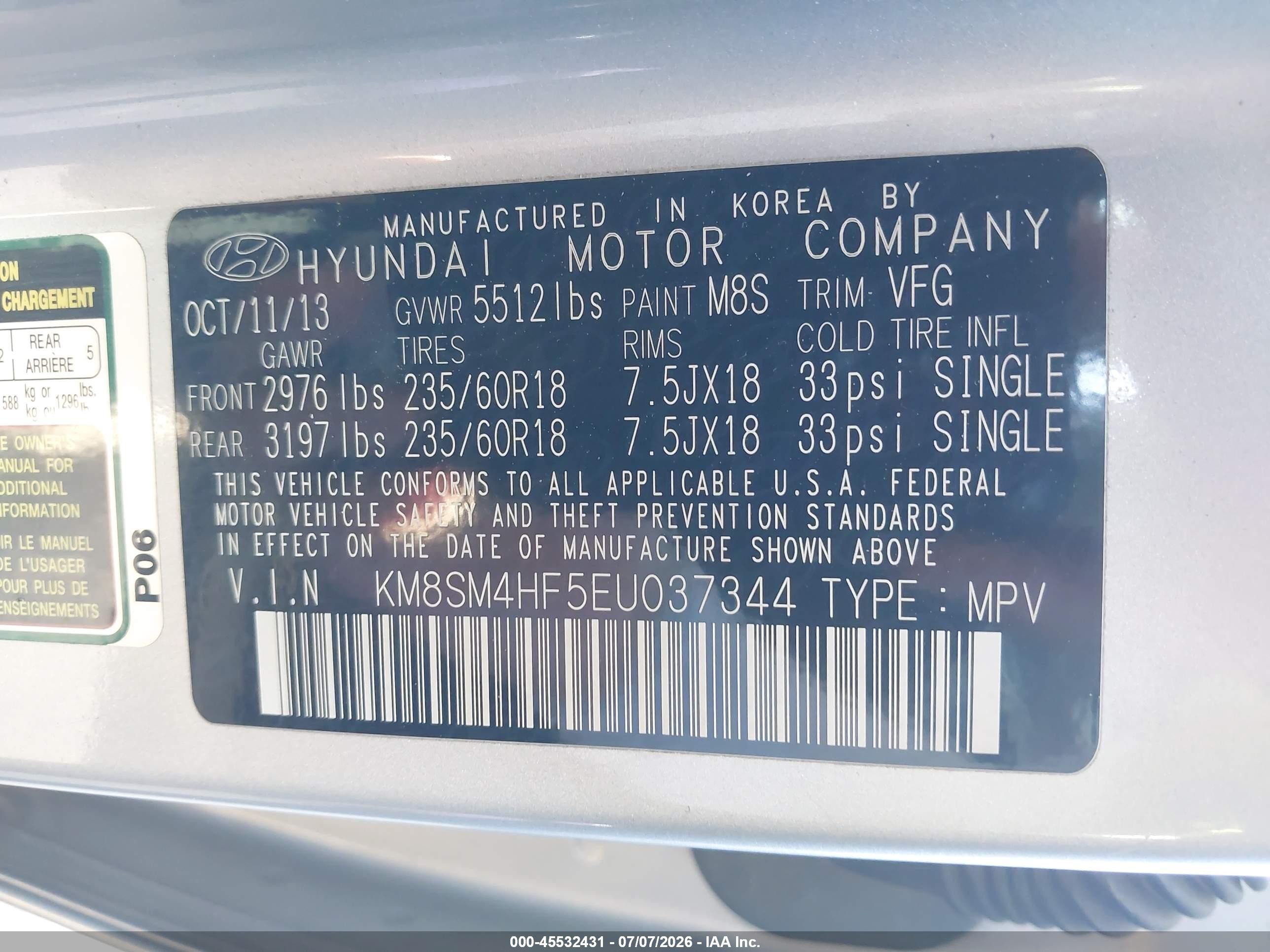 2014 Hyundai Santa Fe Gls Silver vin: KM8SM4HF5EU037344