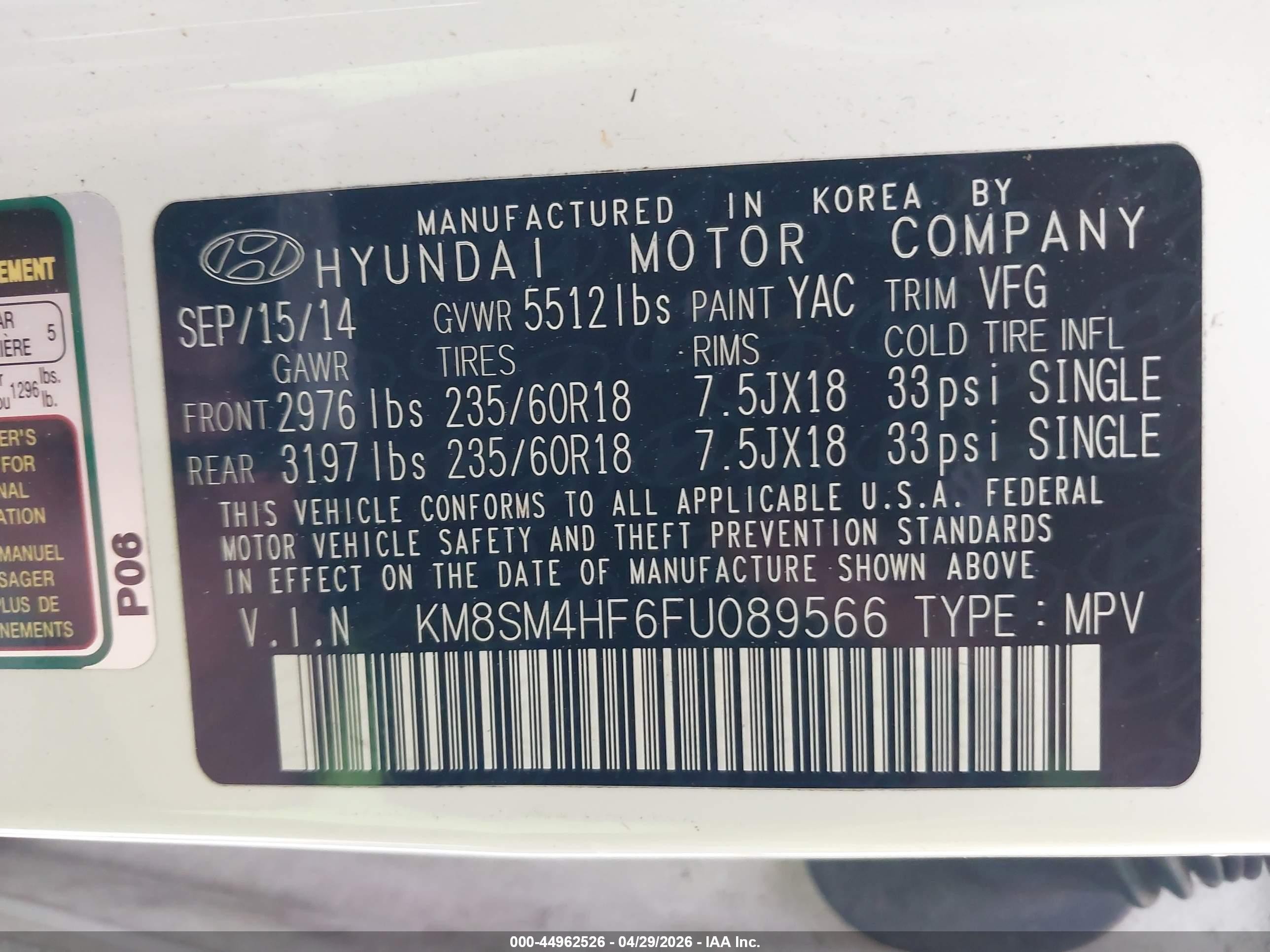 2015 Hyundai Santa Fe Gls White vin: KM8SM4HF6FU089566