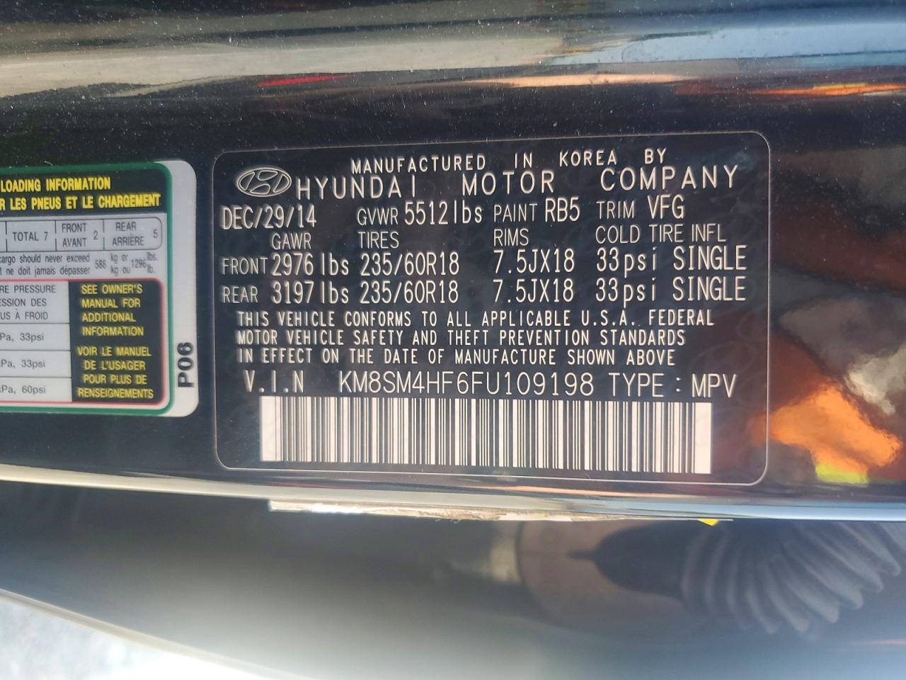2015 Hyundai Santa Fe Gls Black vin: KM8SM4HF6FU109198