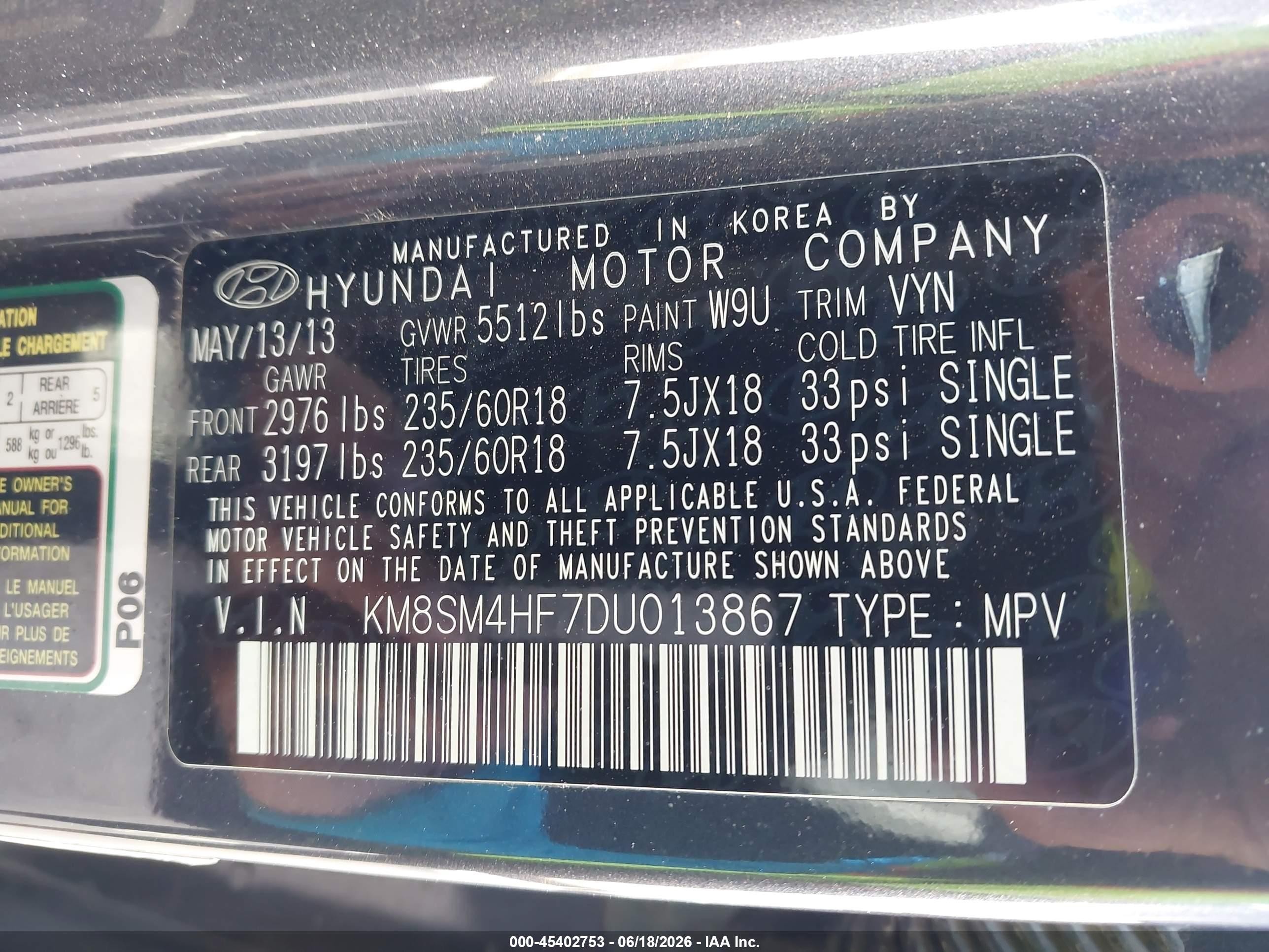 2013 Hyundai Santa Fe Gls Черный vin: KM8SM4HF7DU013867