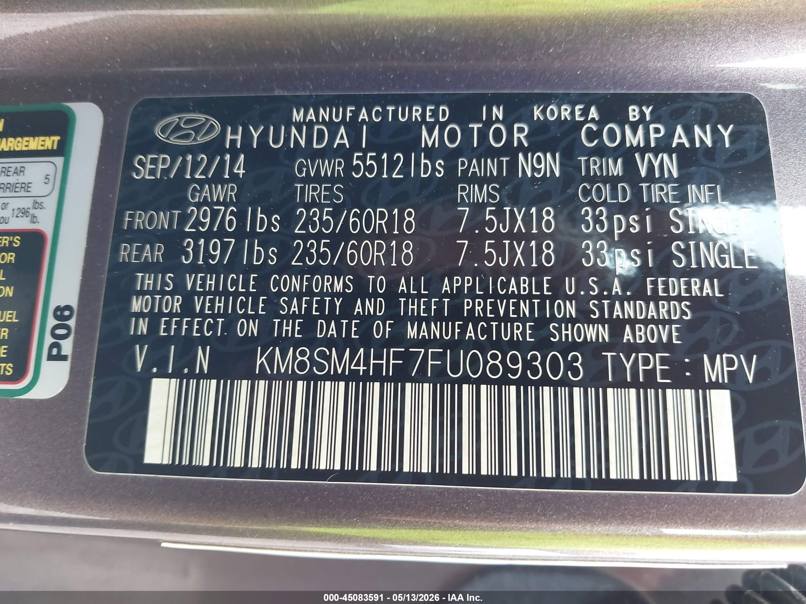 2015 Hyundai Santa Fe Gls Серый vin: KM8SM4HF7FU089303