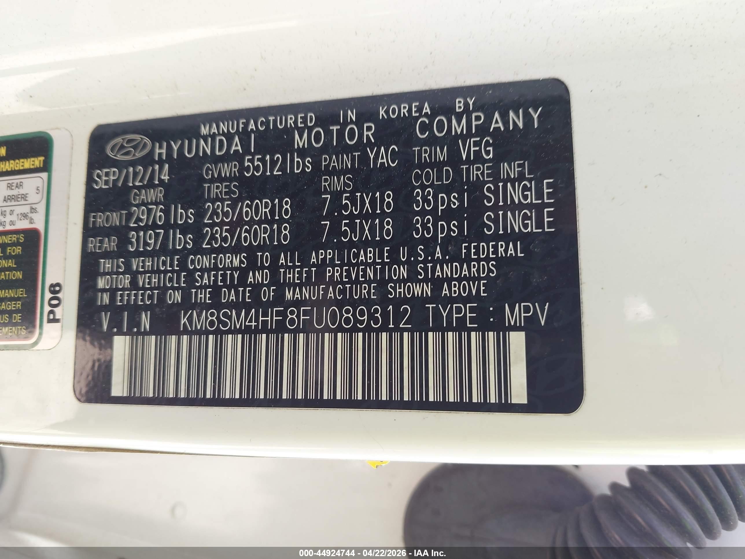 2015 Hyundai Santa Fe Gls White vin: KM8SM4HF8FU089312