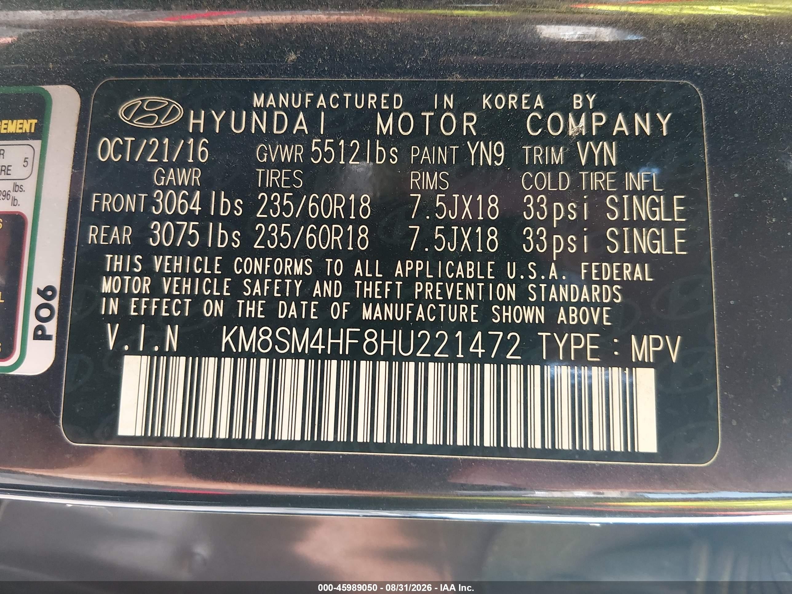 2017 Hyundai Santa Fe Se Black vin: KM8SM4HF8HU221472