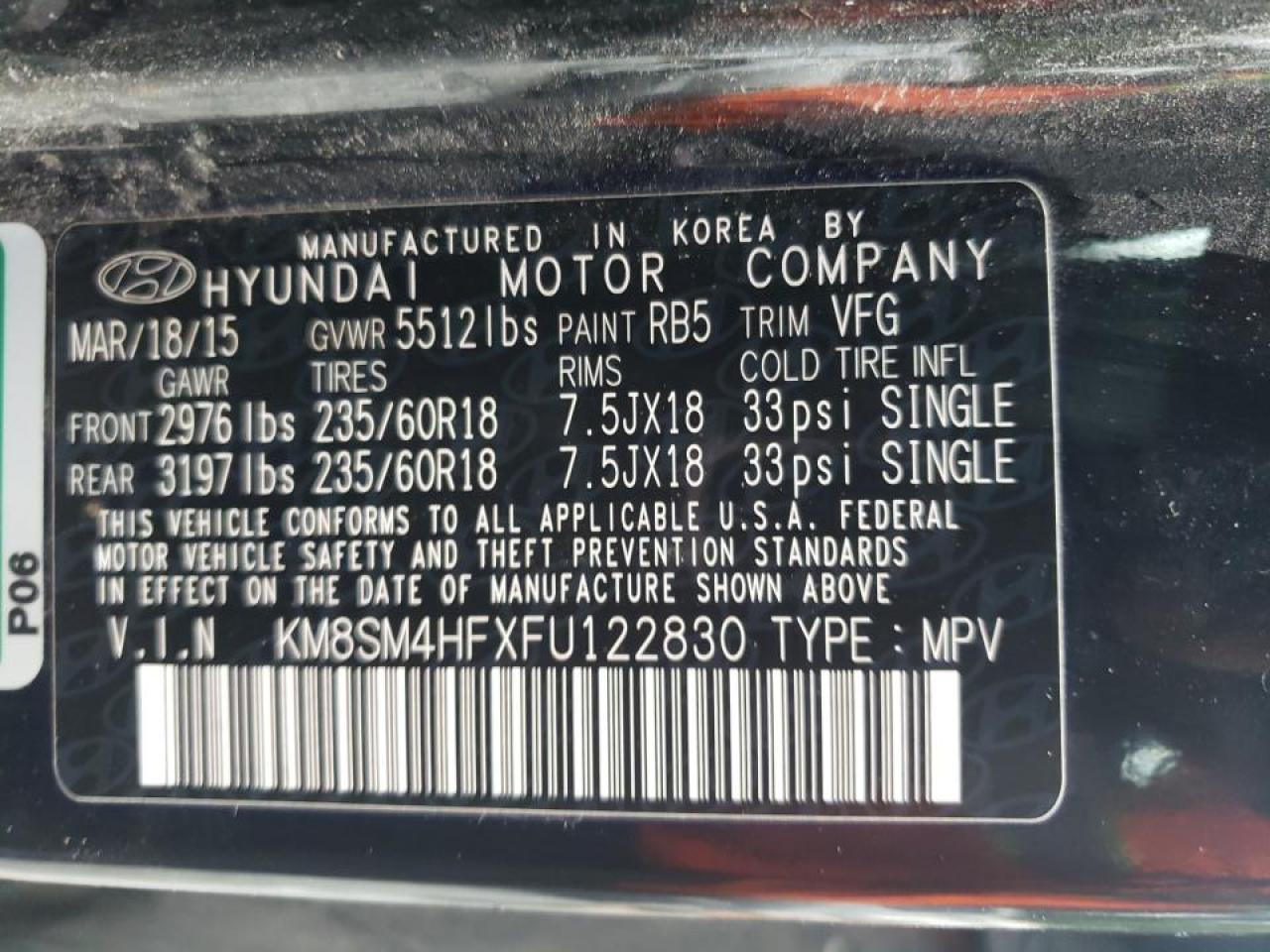 2015 Hyundai Santa Fe Gls Black vin: KM8SM4HFXFU122830
