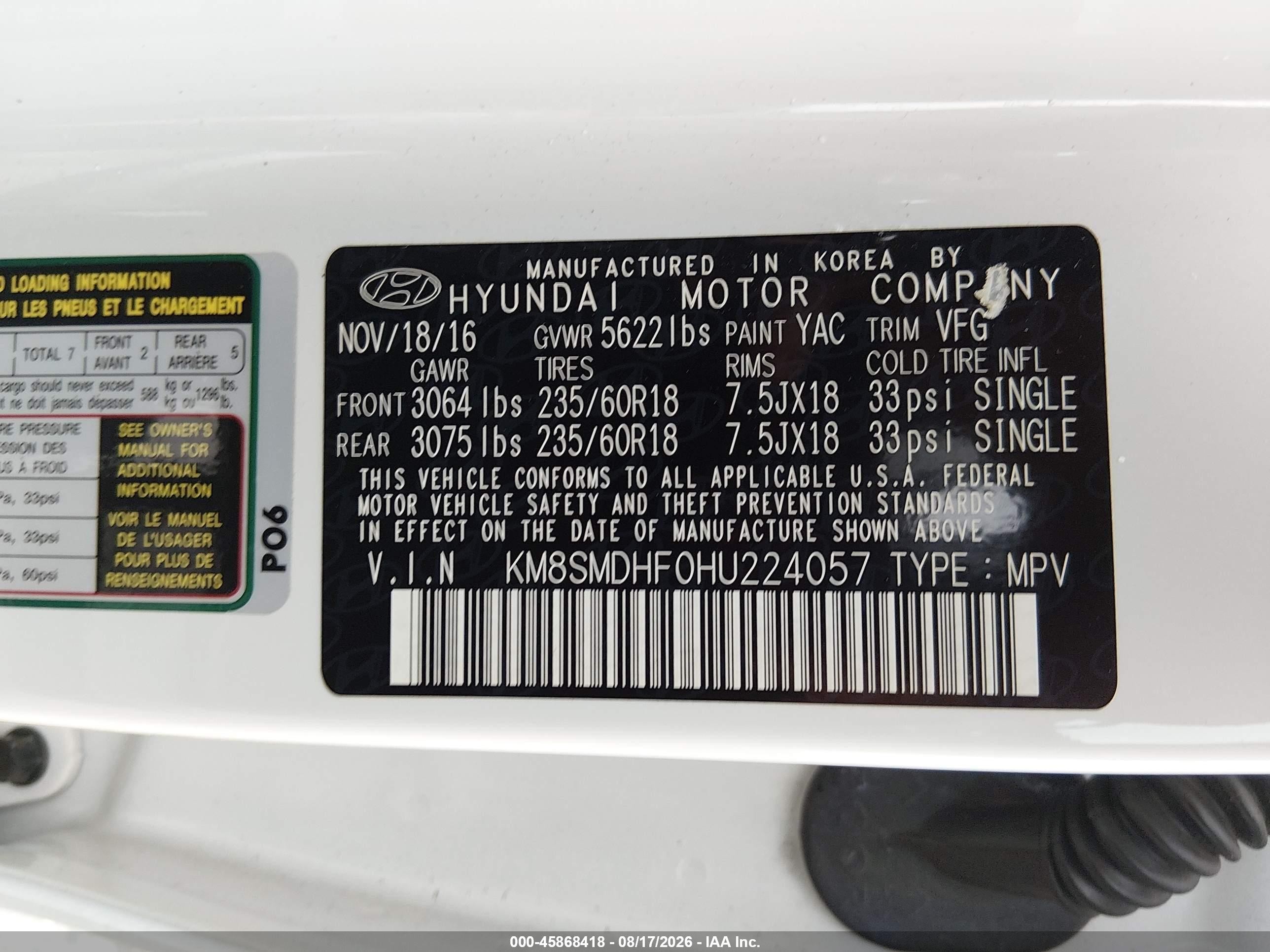 2017 Hyundai Santa Fe Se White vin: KM8SMDHF0HU224057