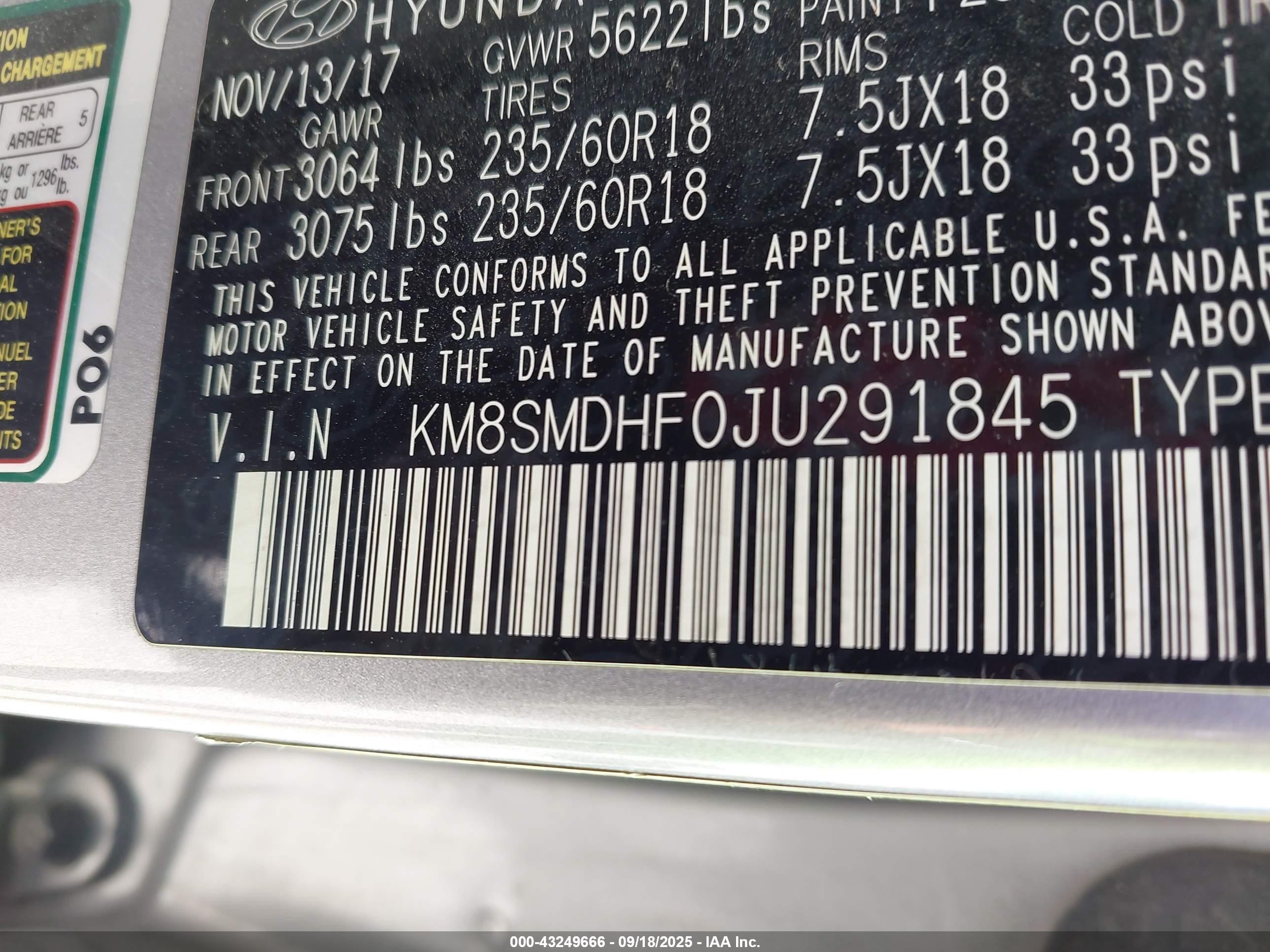 2018 Hyundai Santa Fe Se Gray vin: KM8SMDHF0JU291845