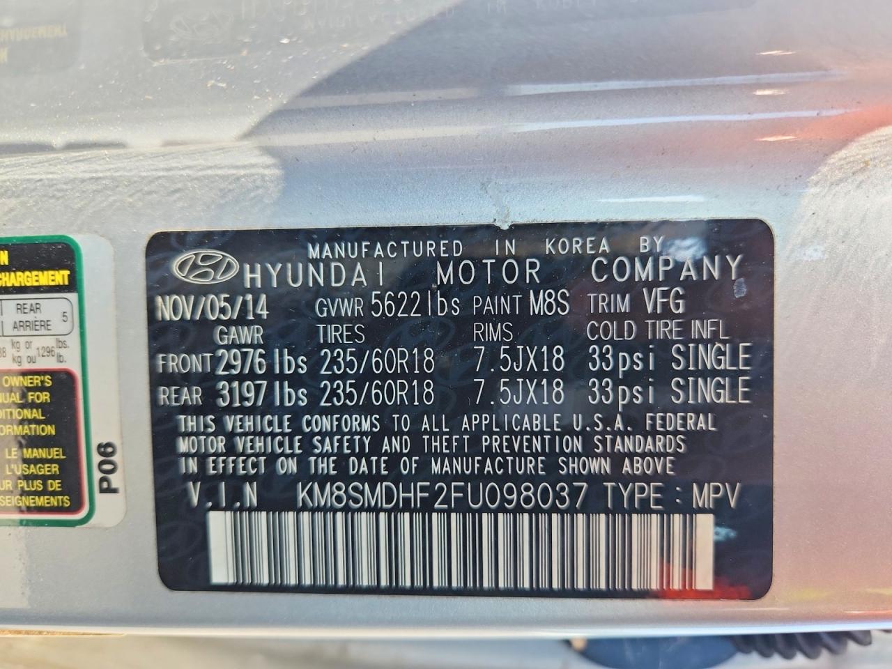2015 Hyundai Santa Fe Gls Silver vin: KM8SMDHF2FU098037