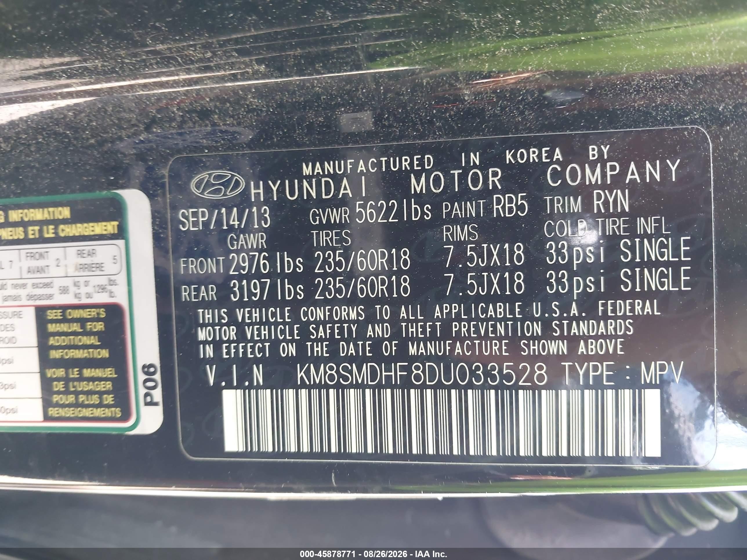 2013 Hyundai Santa Fe Gls Black vin: KM8SMDHF8DU033528