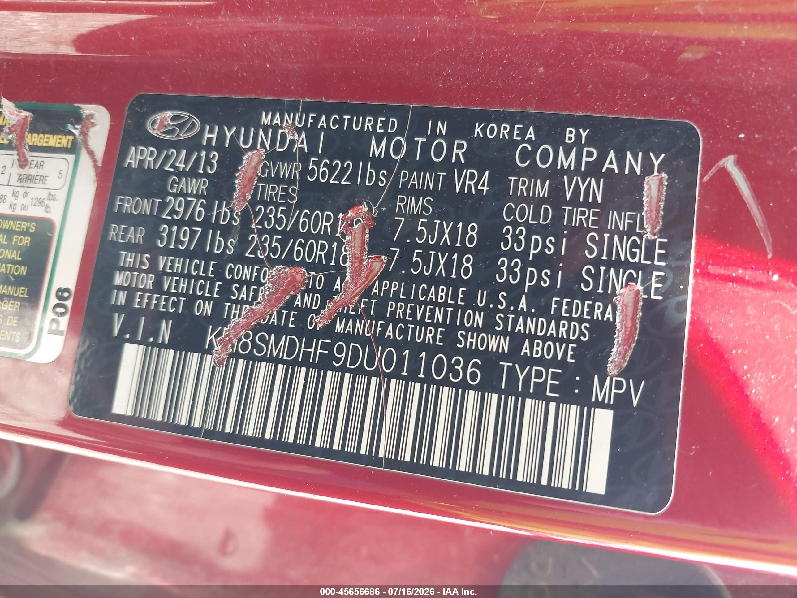 2013 Hyundai Santa Fe Gls Burgundy vin: KM8SMDHF9DU011036