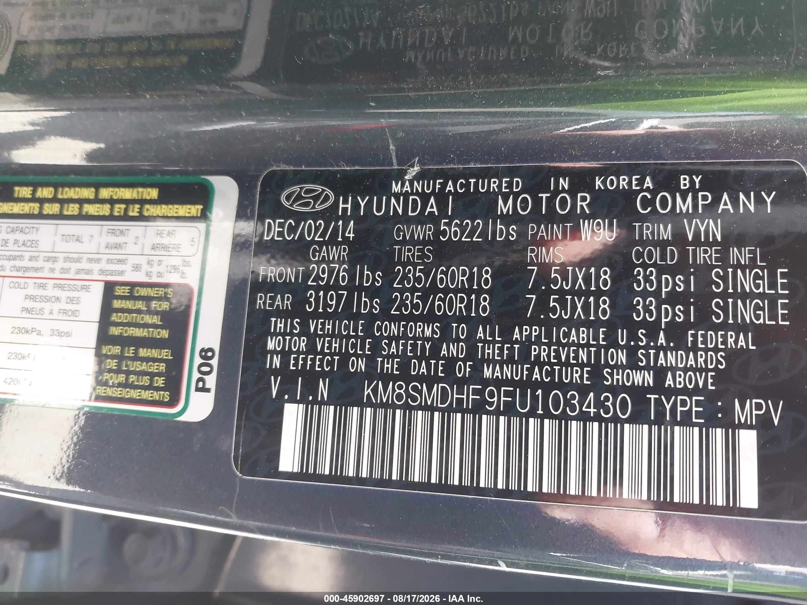 2015 Hyundai Santa Fe Gls Gray vin: KM8SMDHF9FU103430