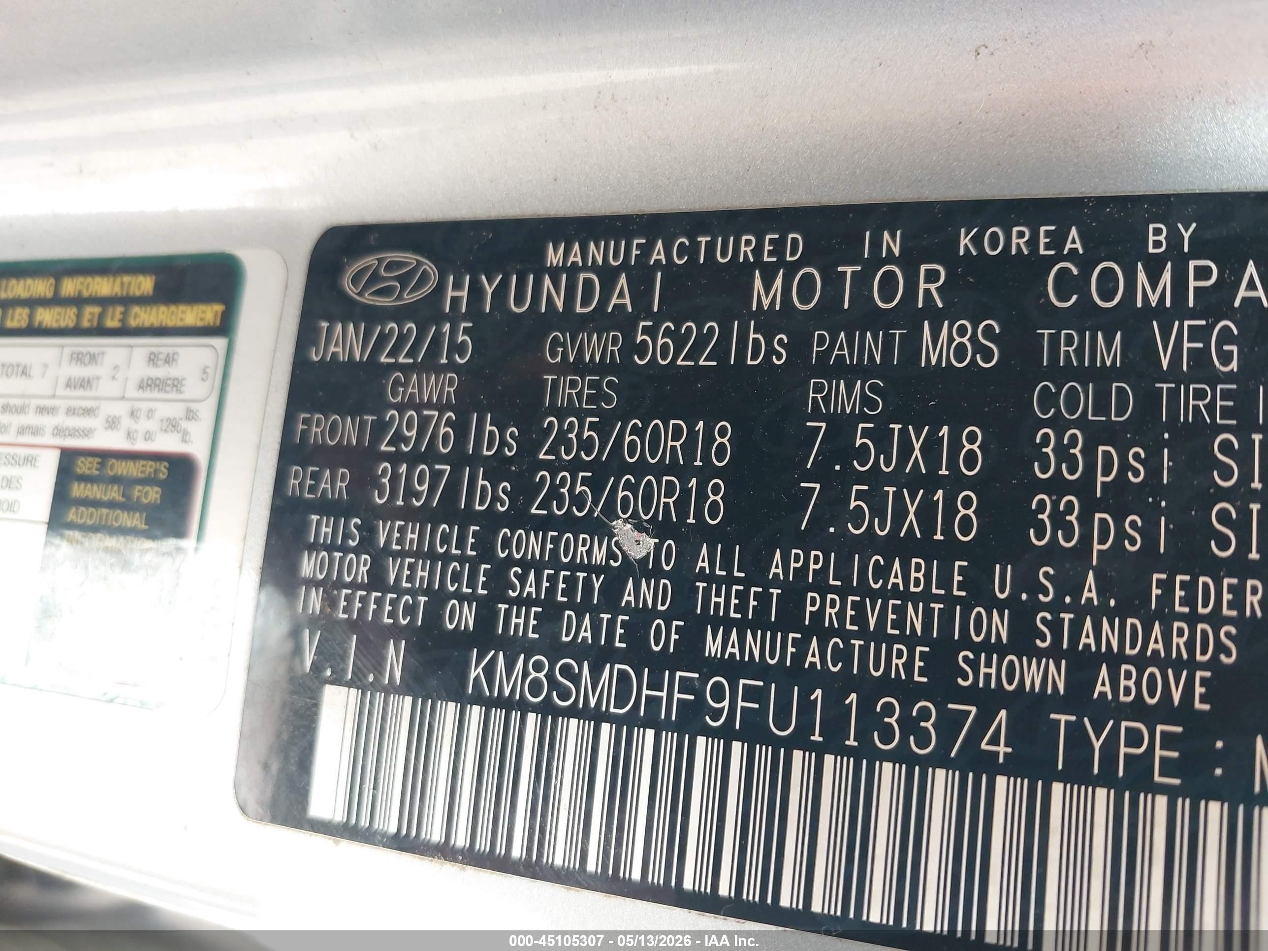 2015 Hyundai Santa Fe Gls Silver vin: KM8SMDHF9FU113374