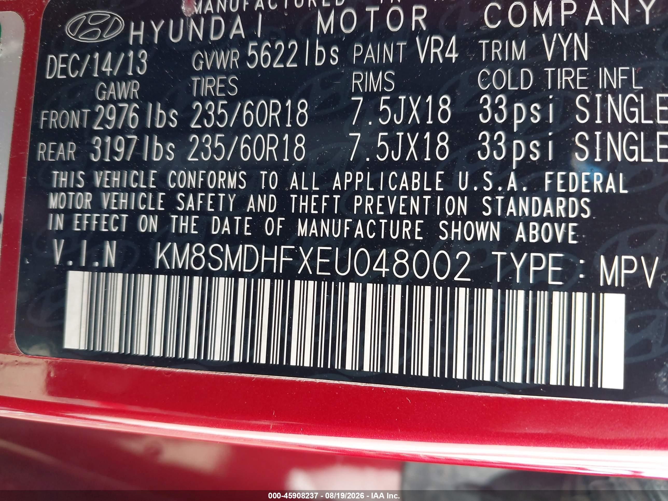 2014 Hyundai Santa Fe Gls Red vin: KM8SMDHFXEU048002