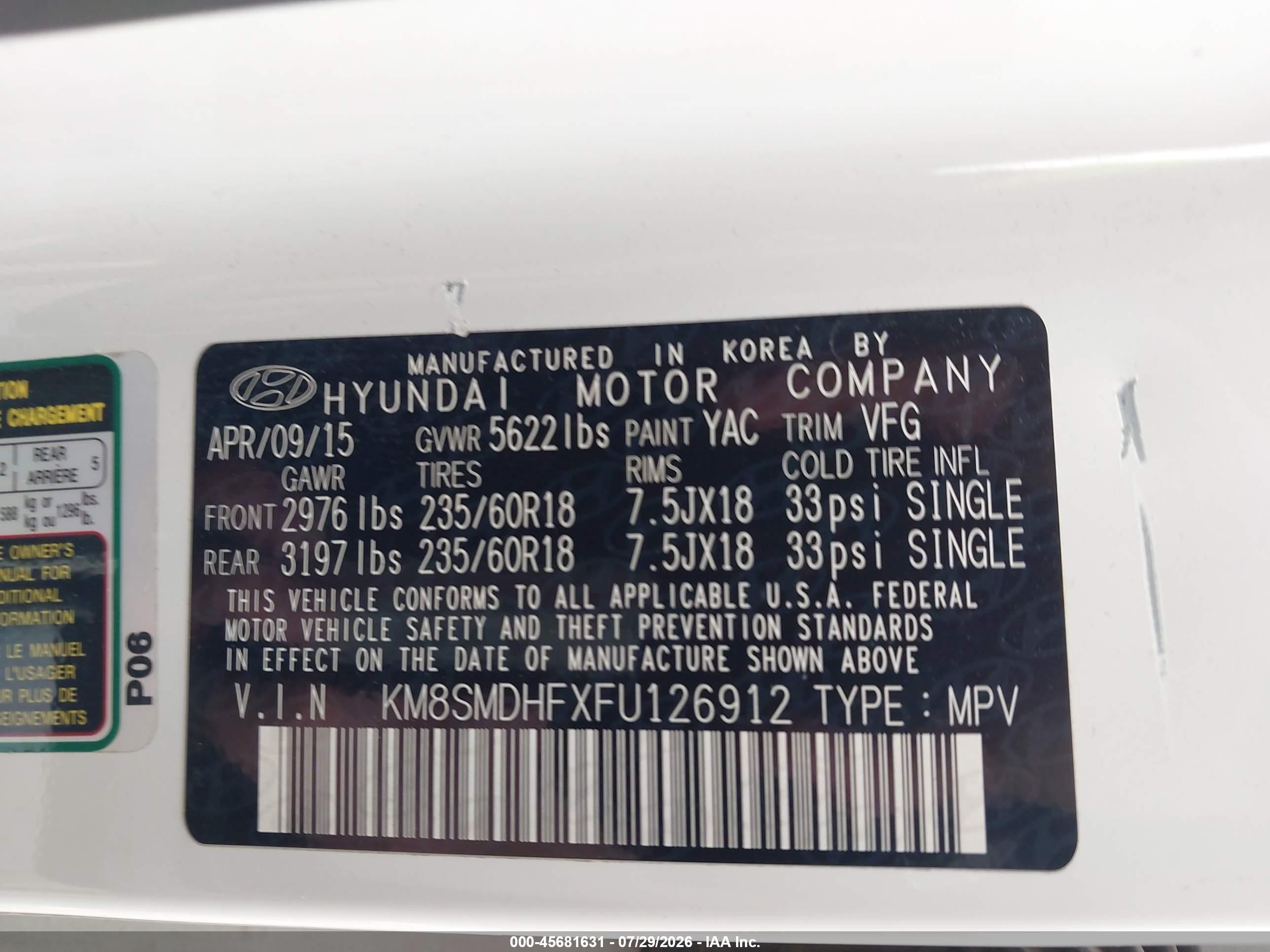 2015 Hyundai Santa Fe Gls Белый vin: KM8SMDHFXFU126912