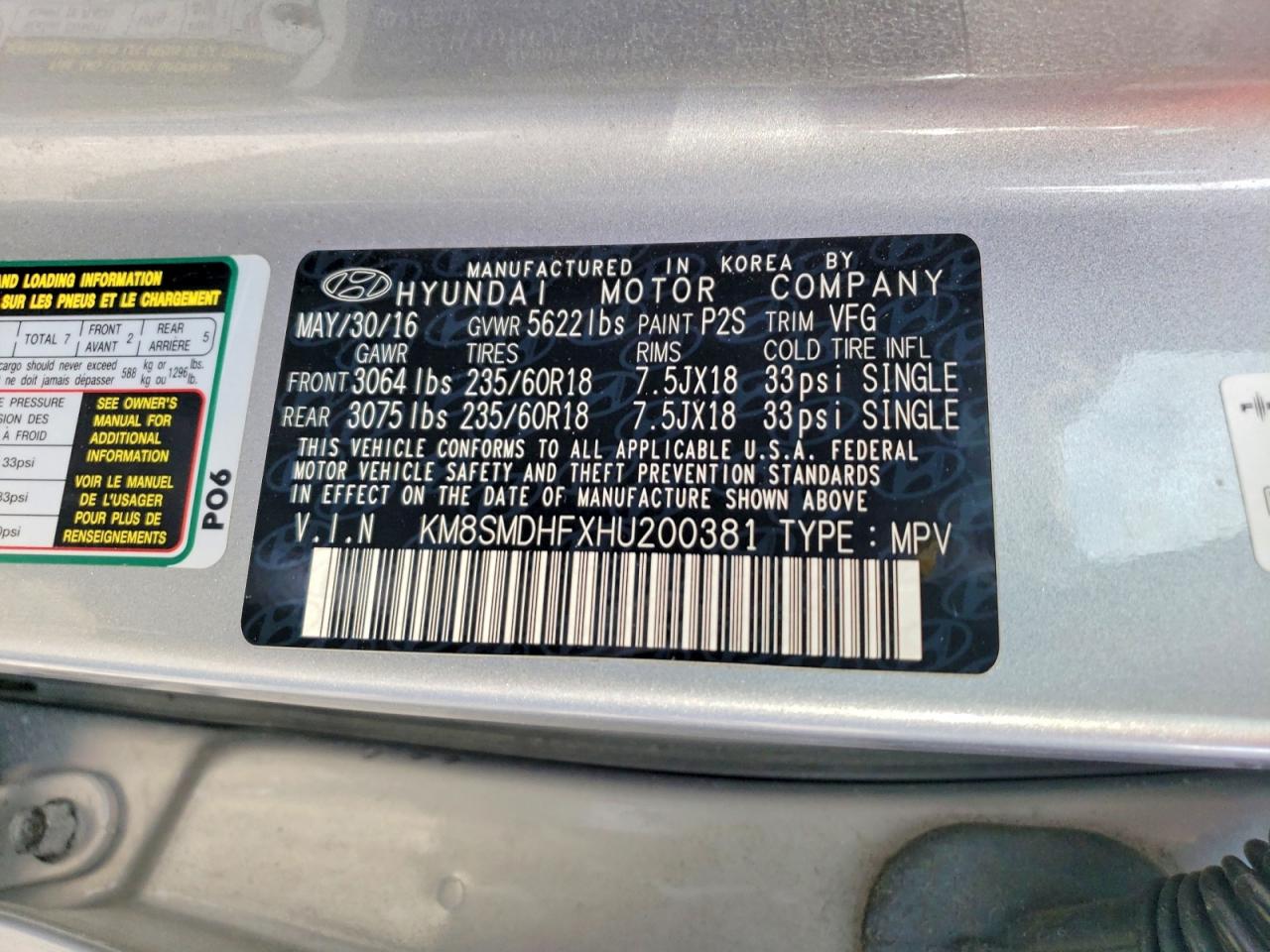 2017 Hyundai Santa Fe Se Gray vin: KM8SMDHFXHU200381