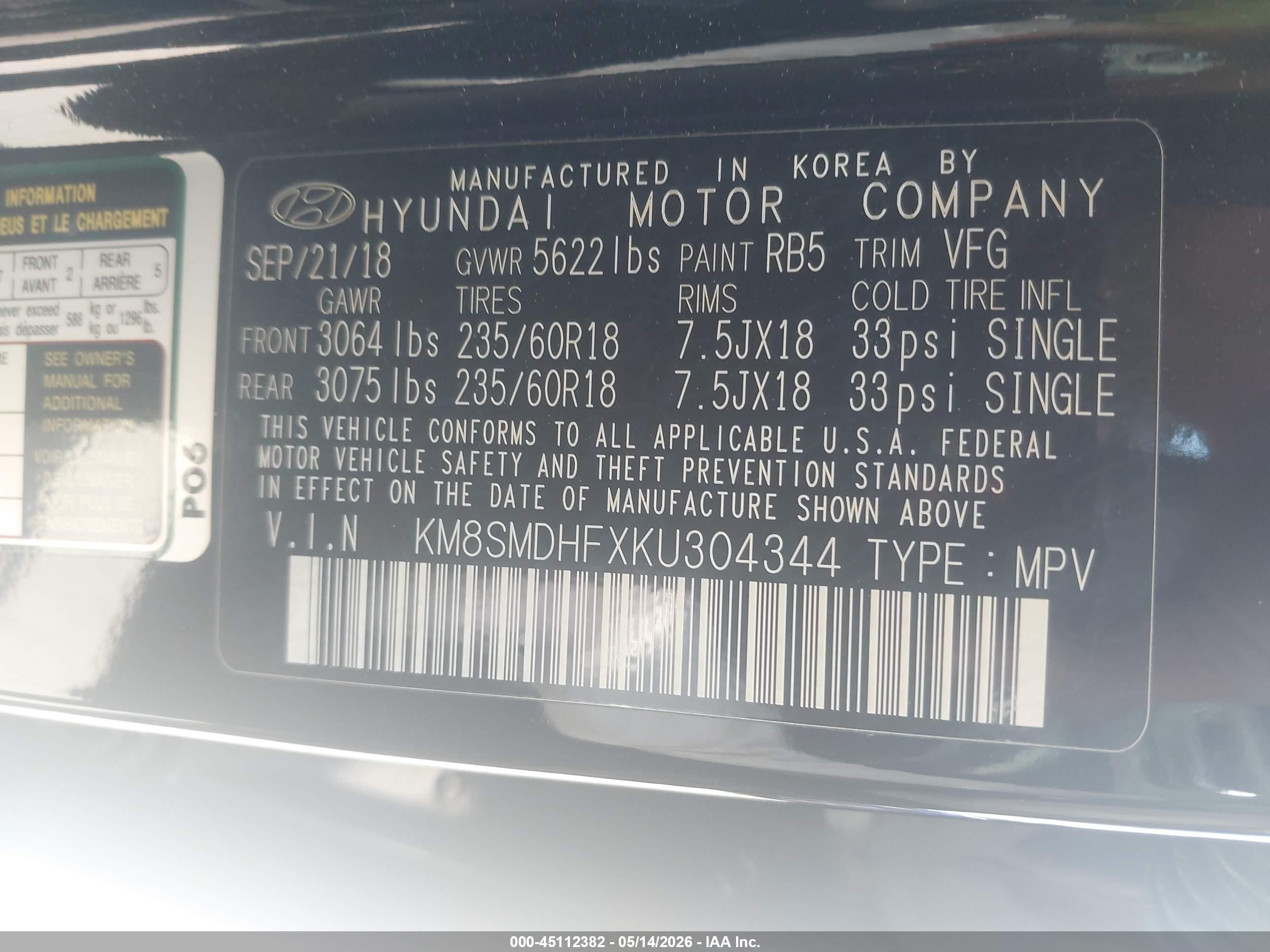 2019 Hyundai Santa Fe Xl Se Black vin: KM8SMDHFXKU304344
