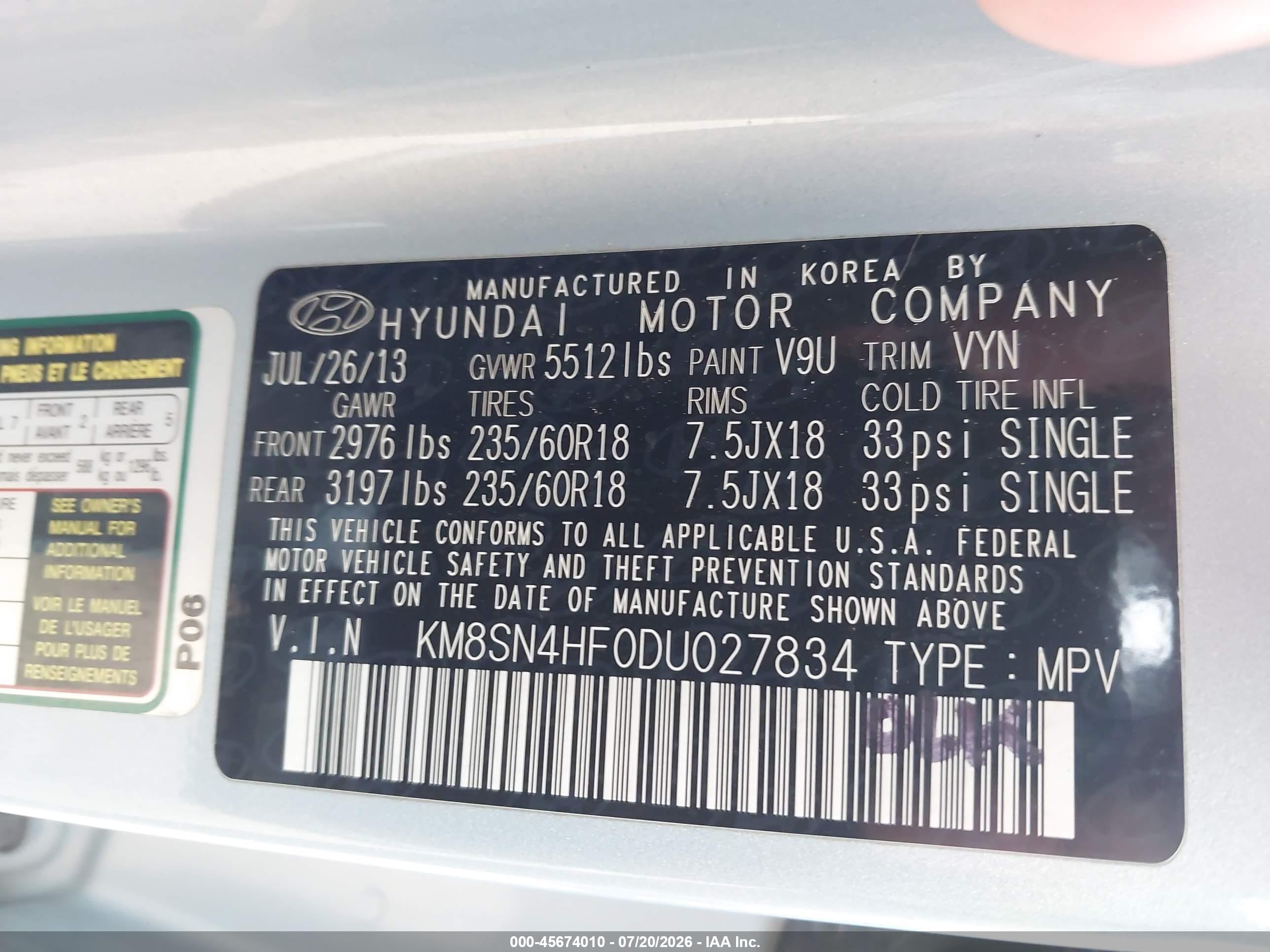 2013 Hyundai Santa Fe Gls Light Blue vin: KM8SN4HF0DU027834