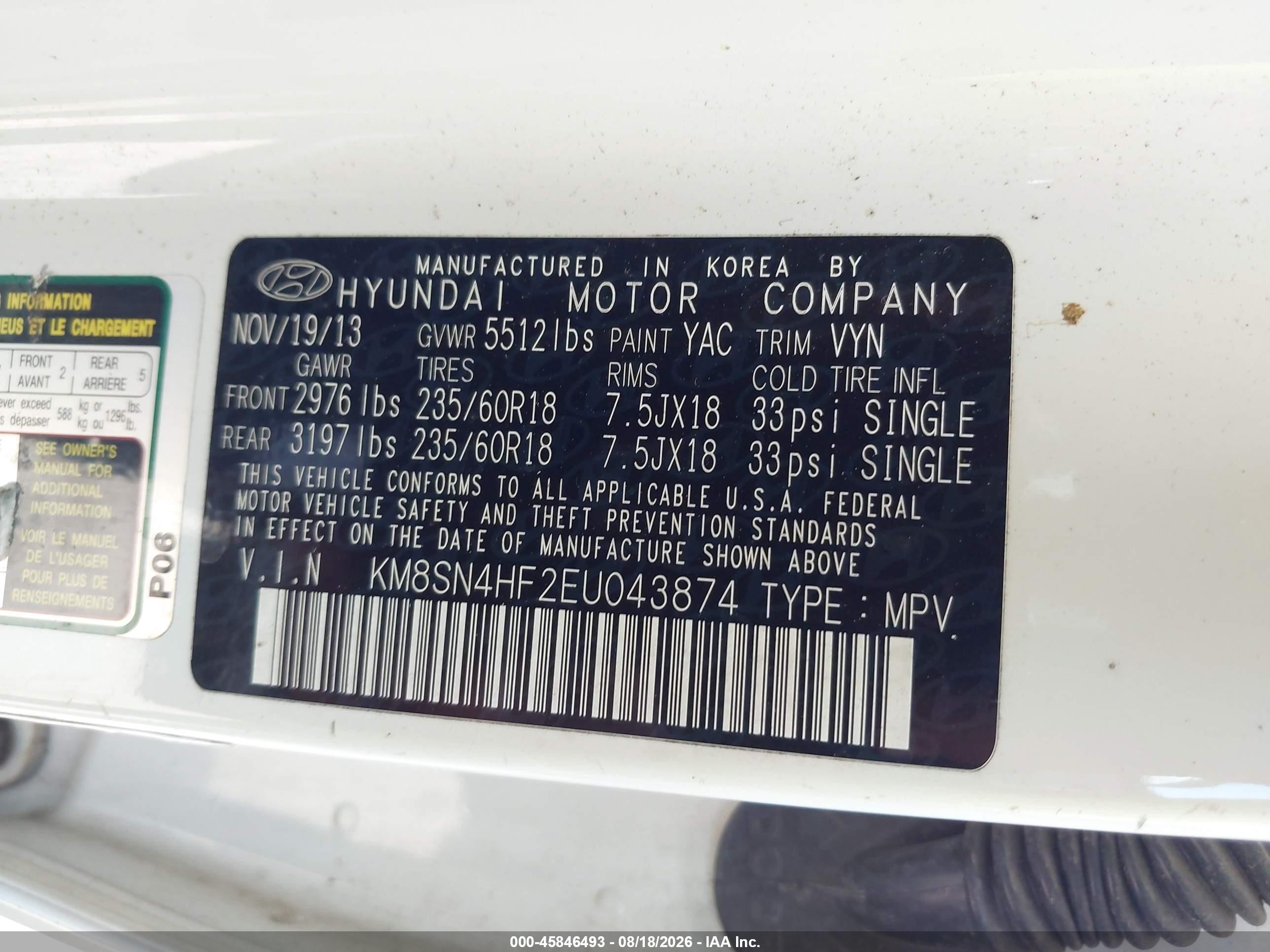 2014 Hyundai Santa Fe Gls White vin: KM8SN4HF2EU043874