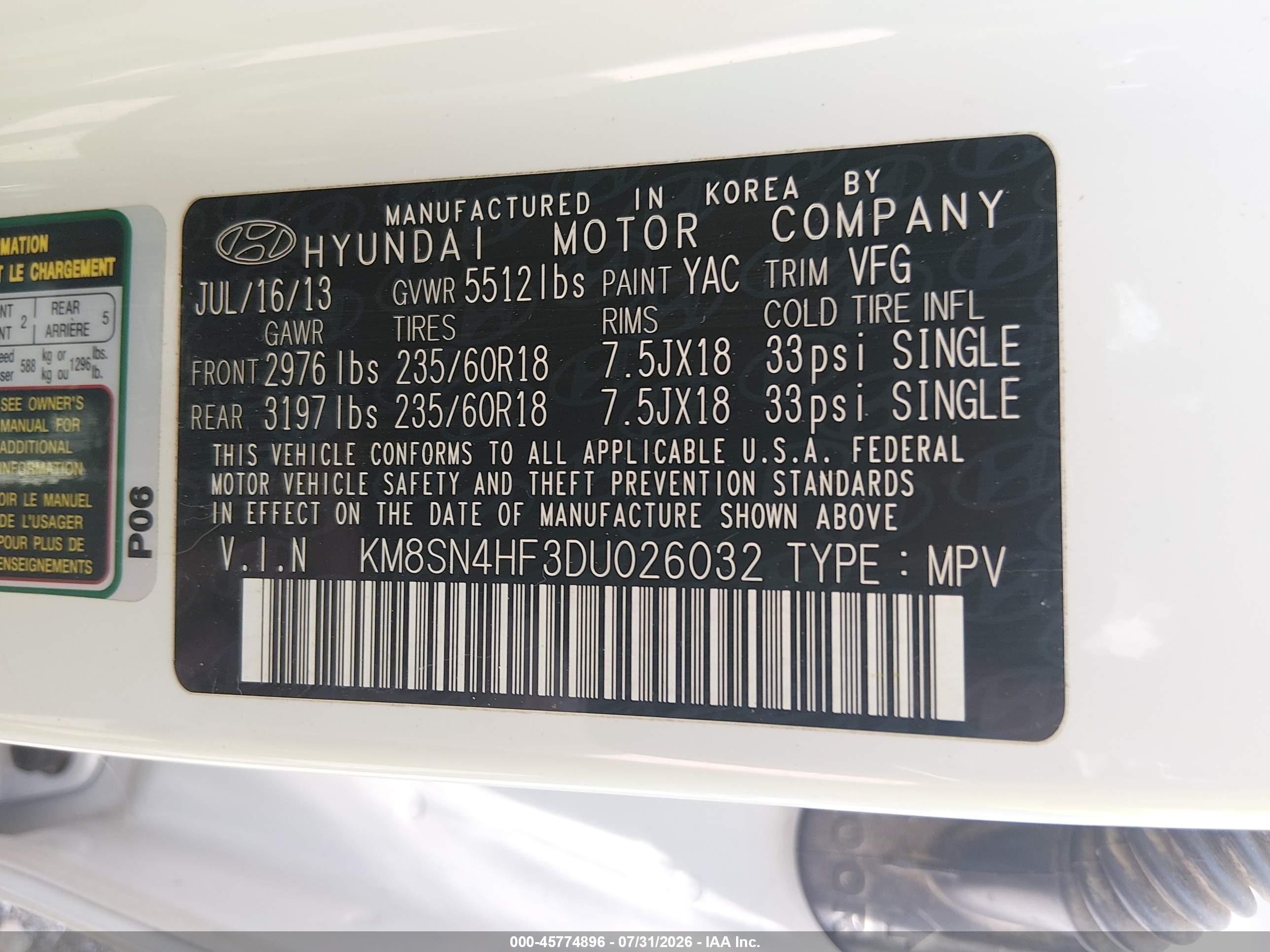 2013 Hyundai Santa Fe Gls White vin: KM8SN4HF3DU026032