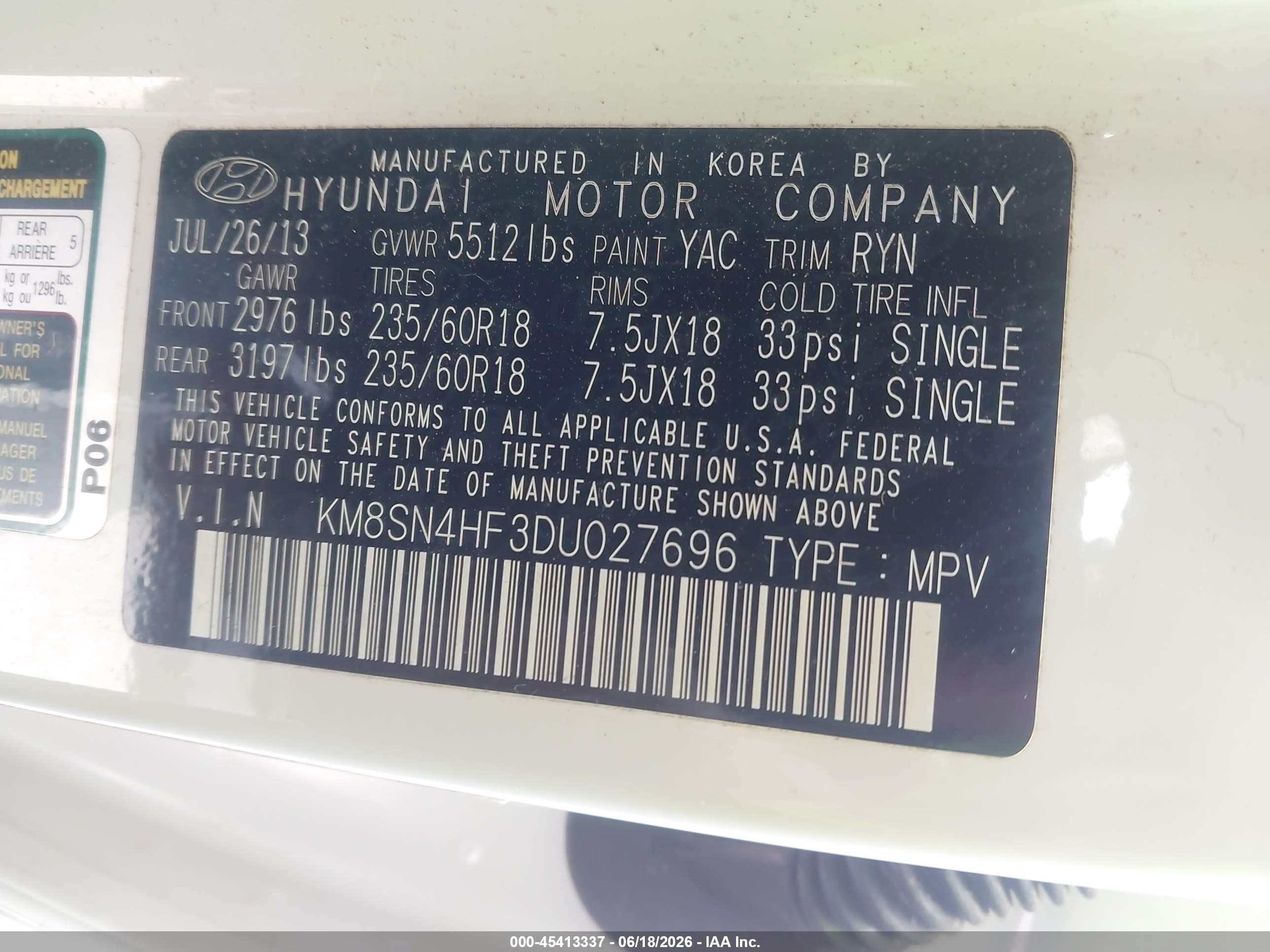 2013 Hyundai Santa Fe Gls White vin: KM8SN4HF3DU027696