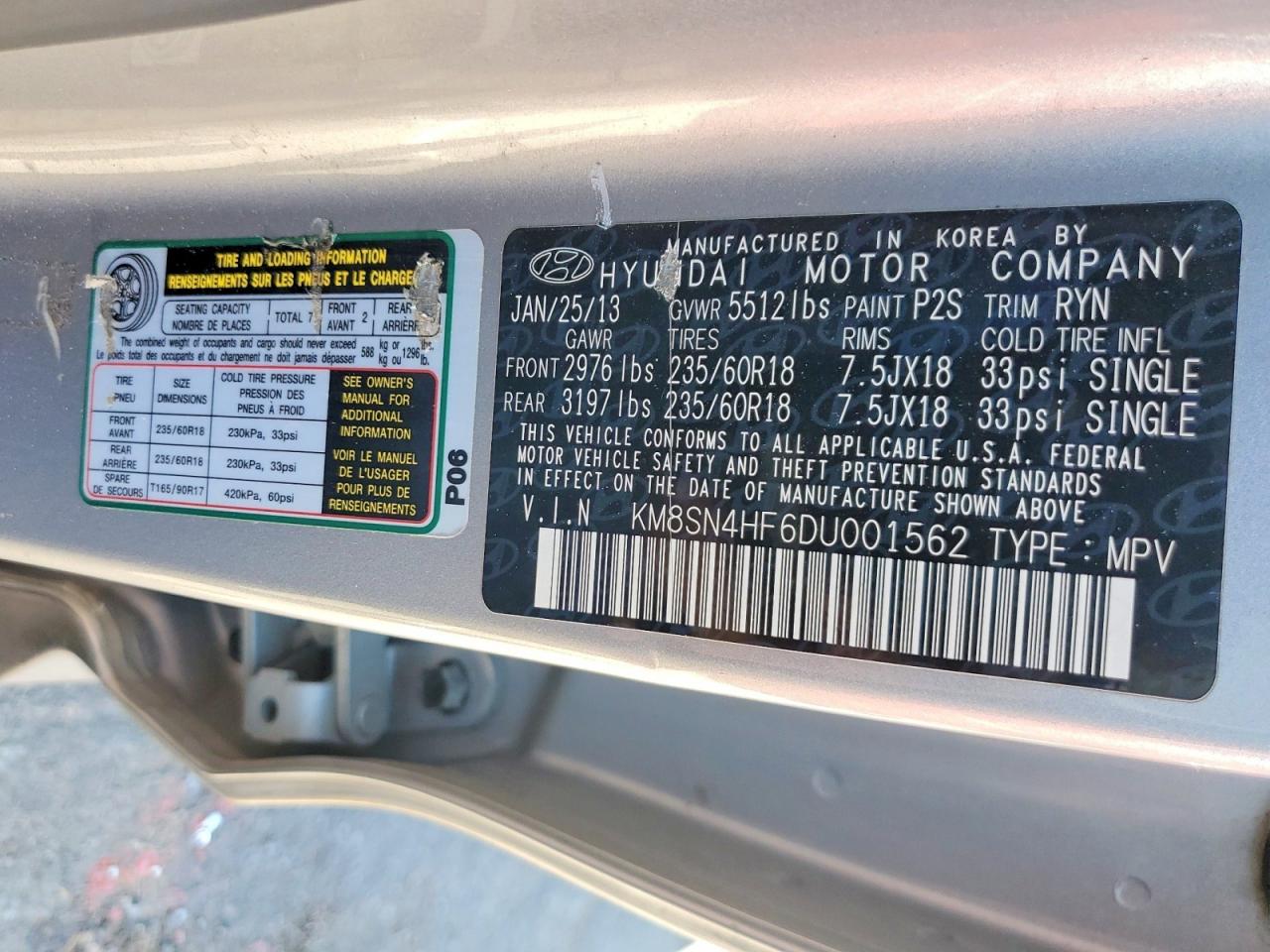 2013 Hyundai Santa Fe Gls Silver vin: KM8SN4HF6DU001562