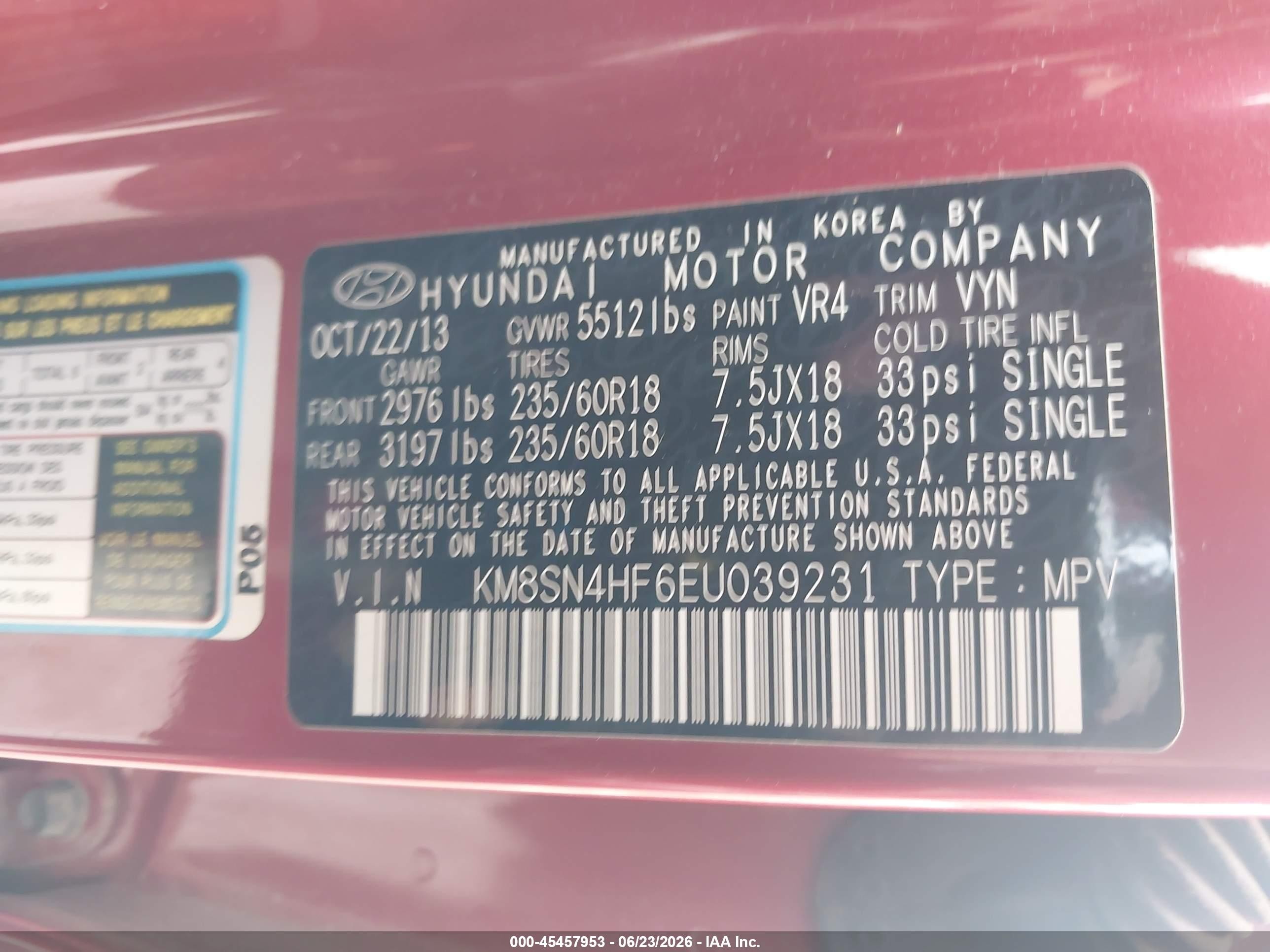 2014 Hyundai Santa Fe Limited Red vin: KM8SN4HF6EU039231