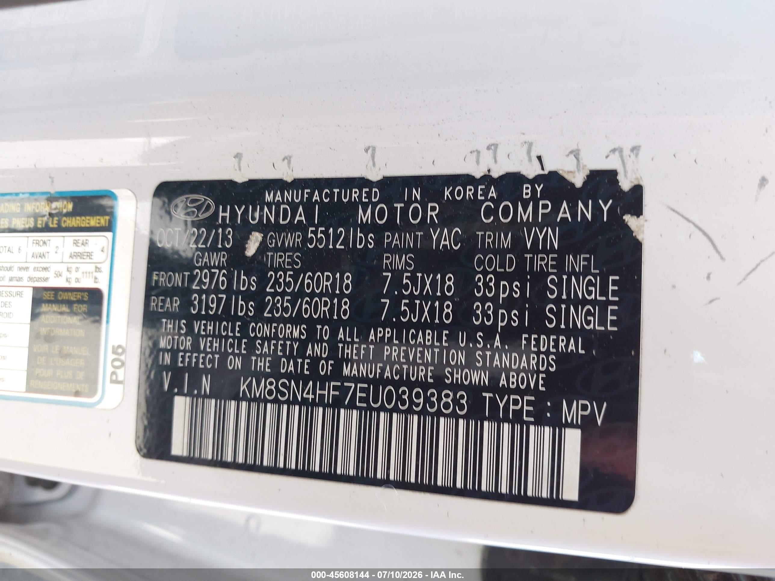 2014 Hyundai Santa Fe Limited White vin: KM8SN4HF7EU039383