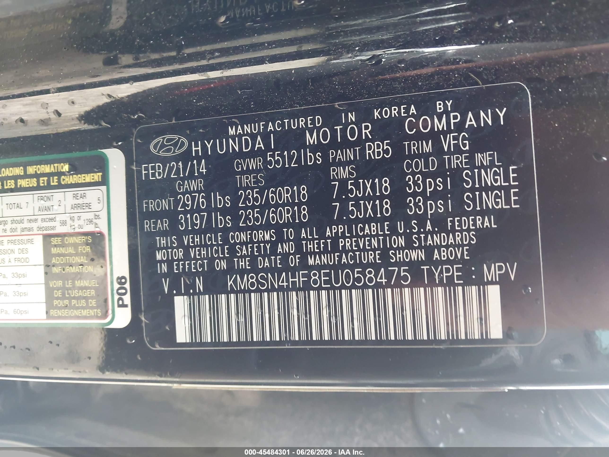 2014 Hyundai Santa Fe Gls Black vin: KM8SN4HF8EU058475