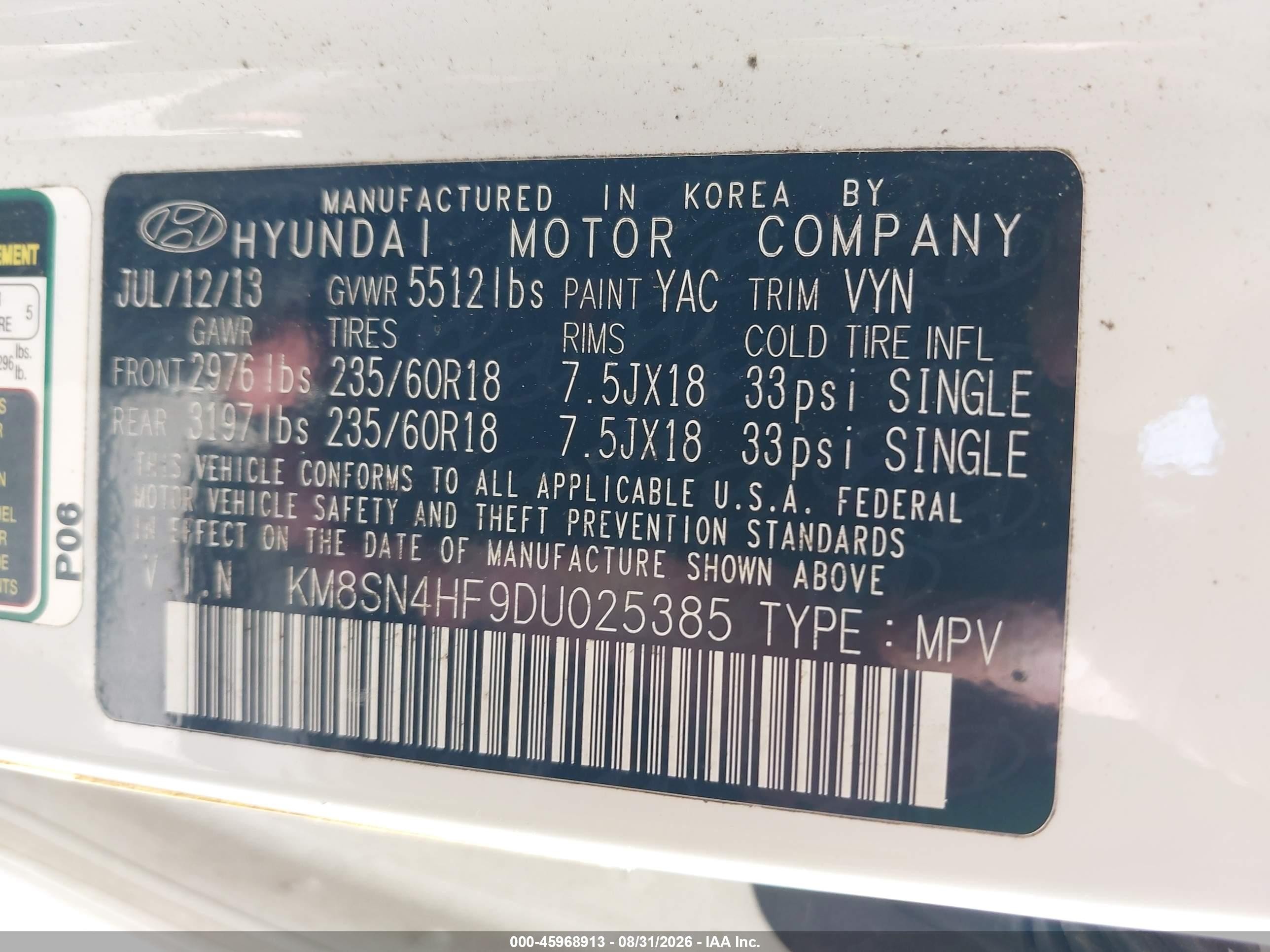 2013 Hyundai Santa Fe Gls White vin: KM8SN4HF9DU025385