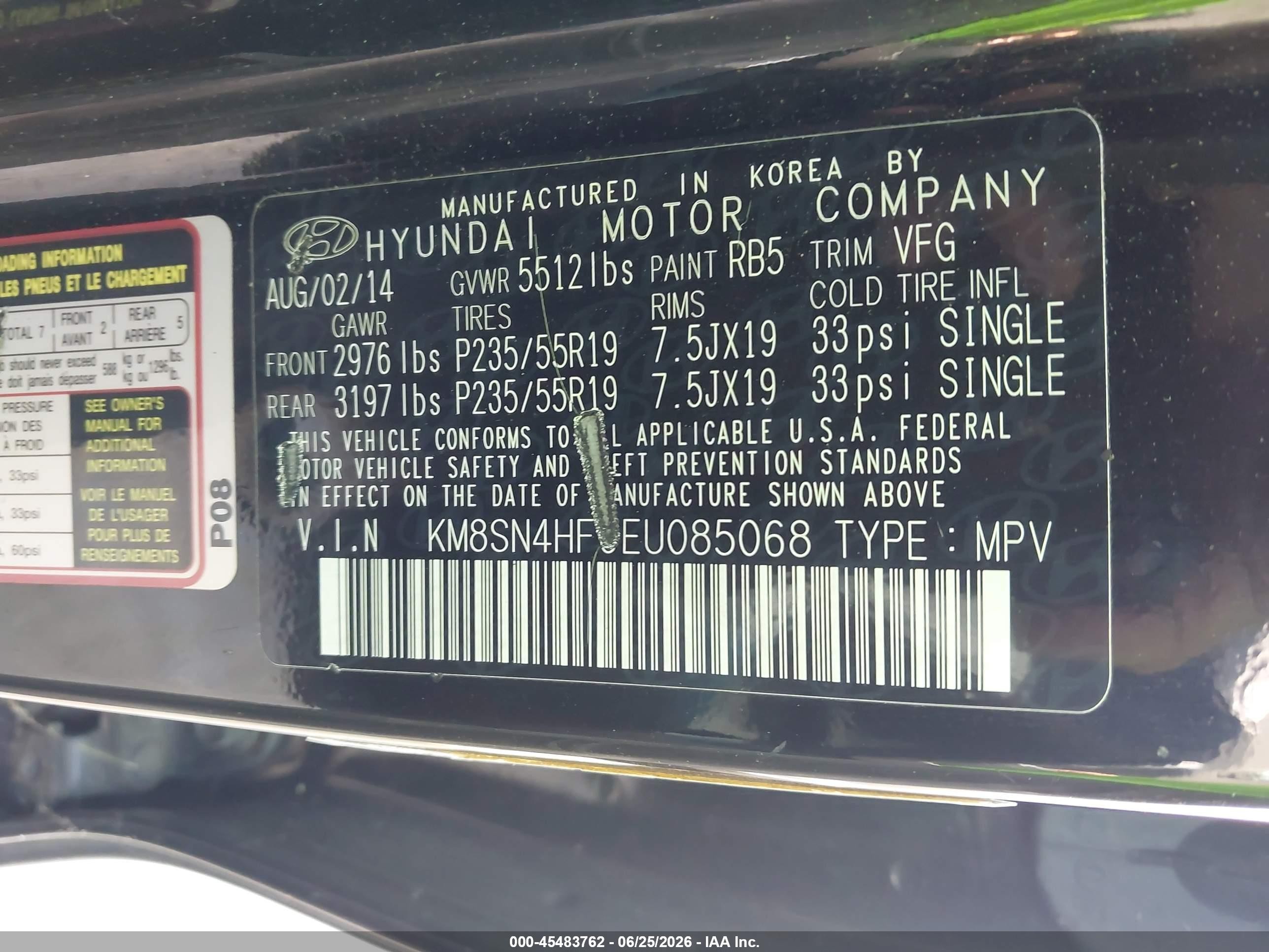 2014 Hyundai Santa Fe Gls Black vin: KM8SN4HF9EU085068