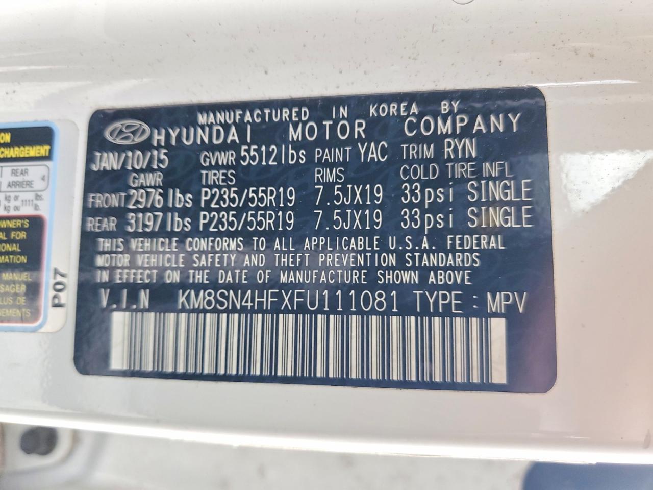 2015 Hyundai Santa Fe Limited White vin: KM8SN4HFXFU111081