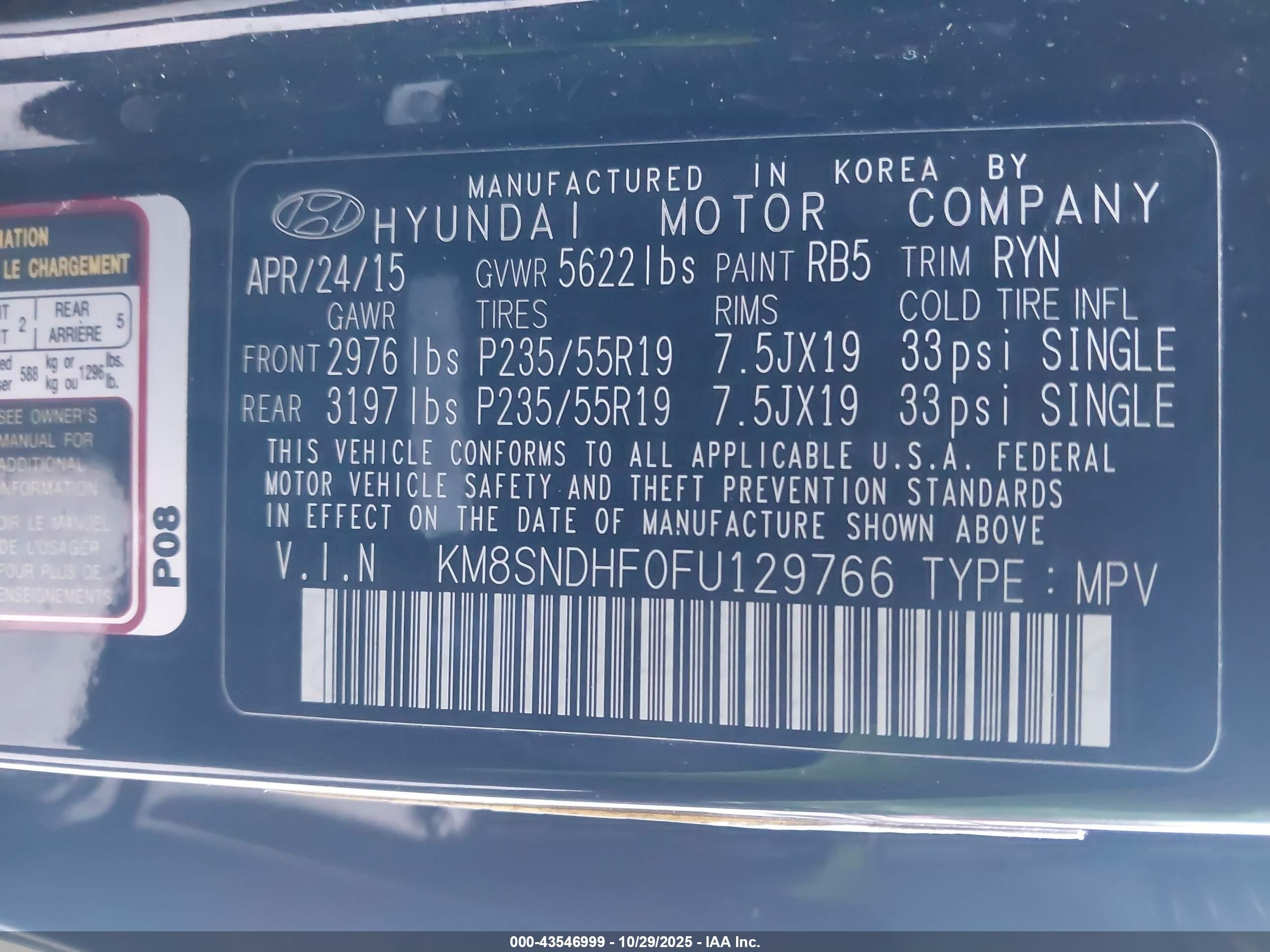 2015 Hyundai Santa Fe Gls Black vin: KM8SNDHF0FU129766