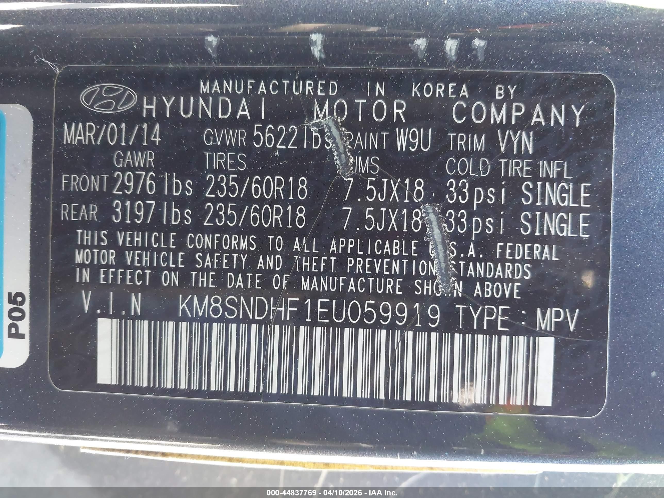 2014 Hyundai Santa Fe Limited Black vin: KM8SNDHF1EU059919
