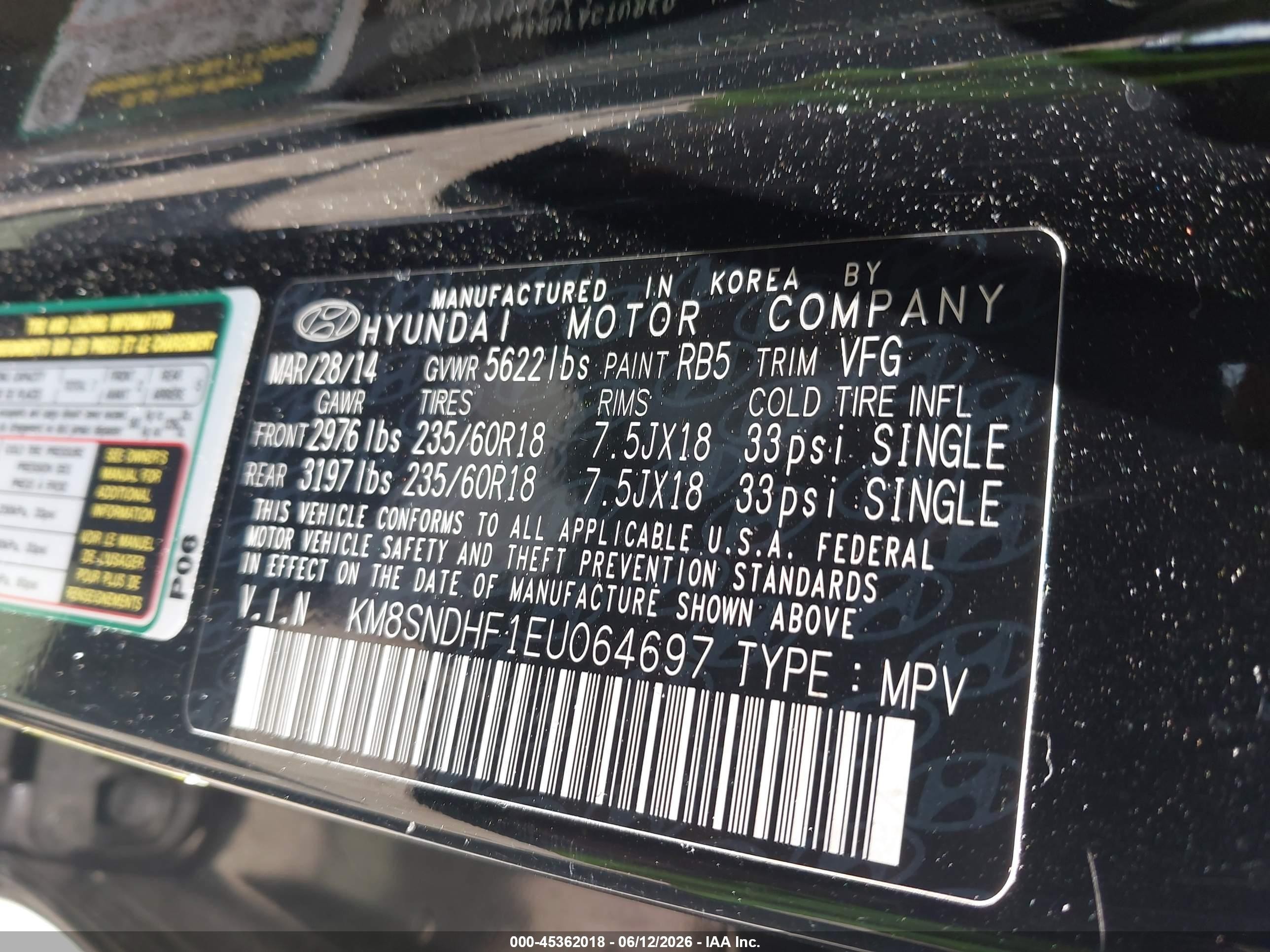 2014 Hyundai Santa Fe Gls Black vin: KM8SNDHF1EU064697