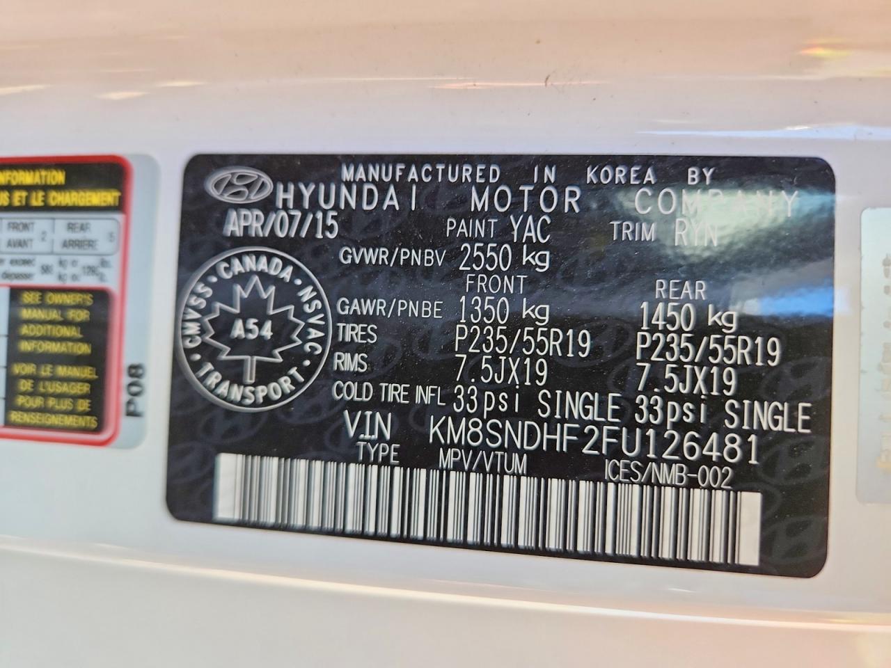 2015 Hyundai Santa Fe Gls White vin: KM8SNDHF2FU126481