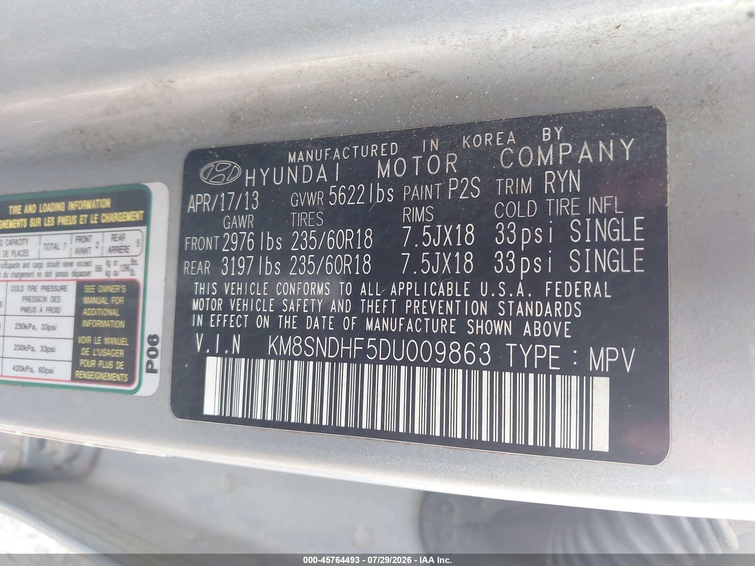 2013 Hyundai Santa Fe Gls Silver vin: KM8SNDHF5DU009863