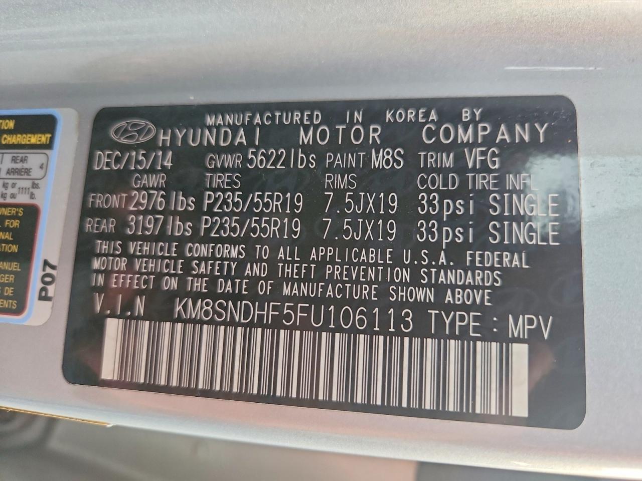 2015 Hyundai Santa Fe Limited Silver vin: KM8SNDHF5FU106113