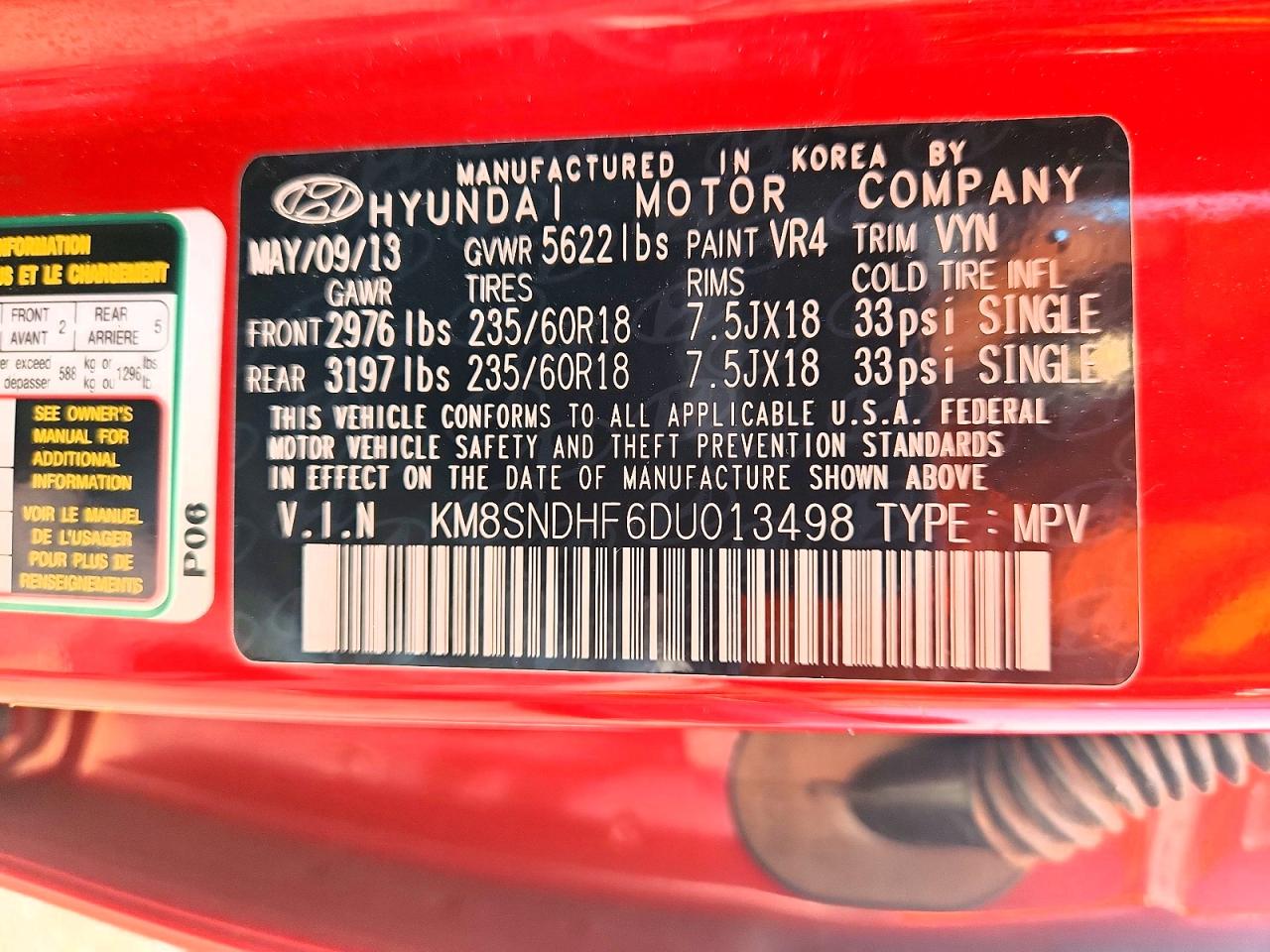 2013 Hyundai Santa Fe Gls Red vin: KM8SNDHF6DU013498