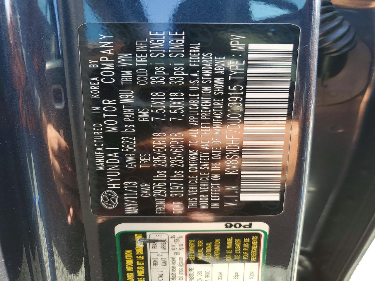 2013 Hyundai Santa Fe Gls Charcoal vin: KM8SNDHF7DU013915