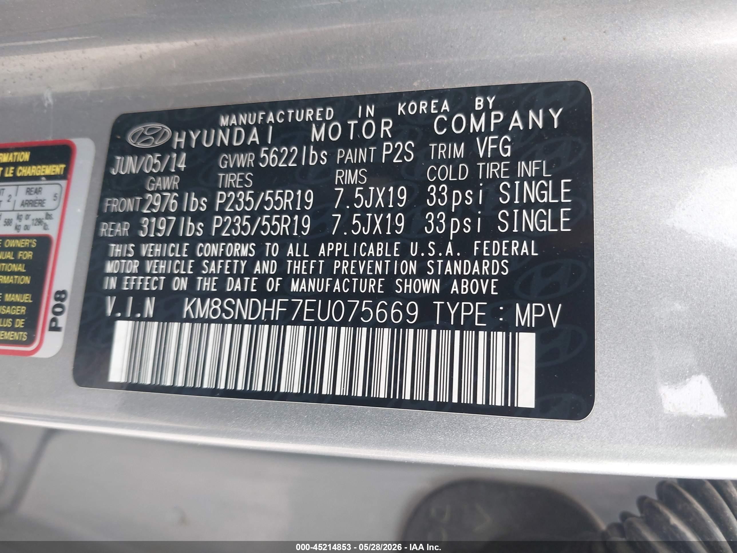 2014 Hyundai Santa Fe Gls Gray vin: KM8SNDHF7EU075669