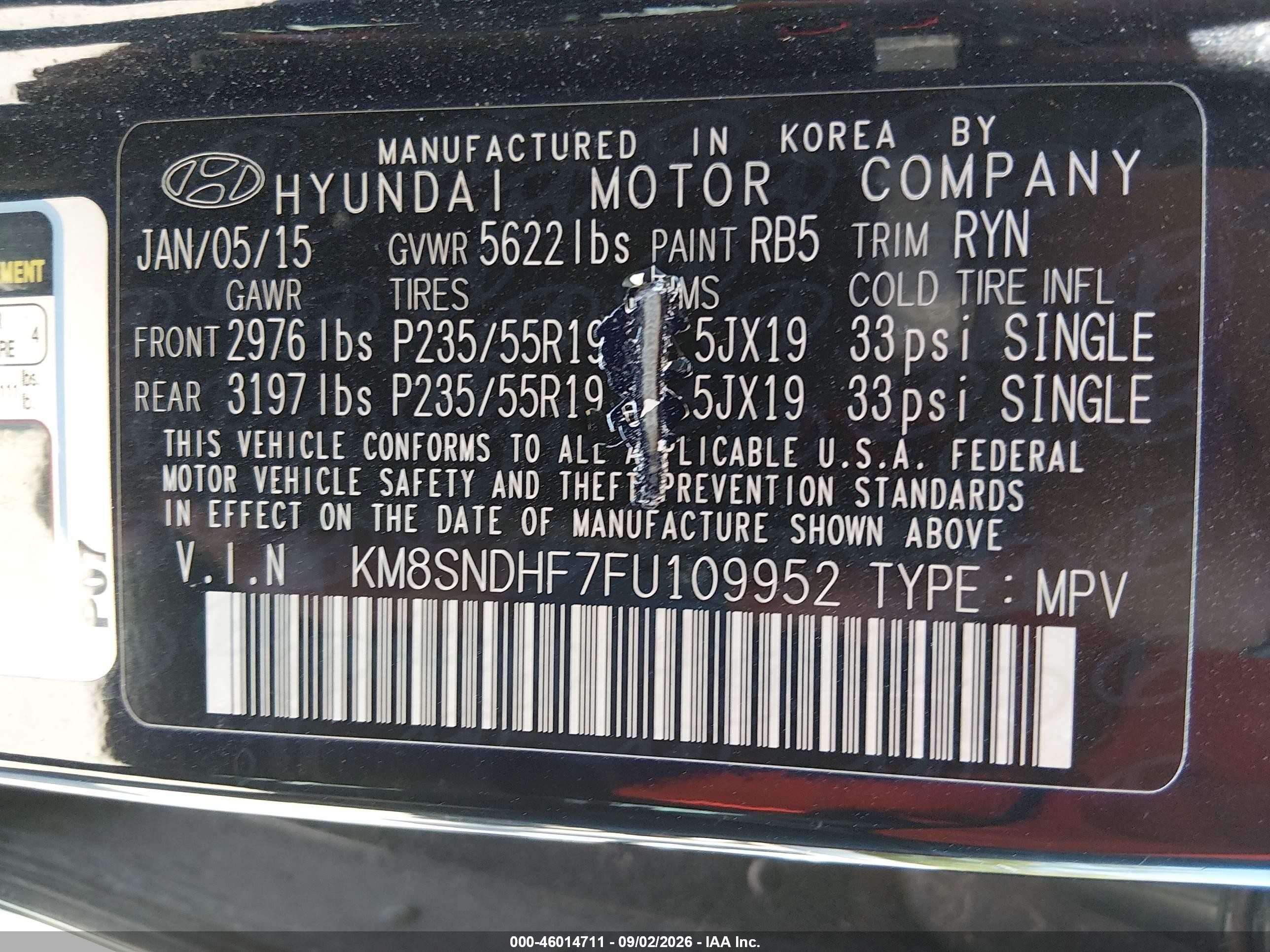2015 Hyundai Santa Fe Limited Black vin: KM8SNDHF7FU109952