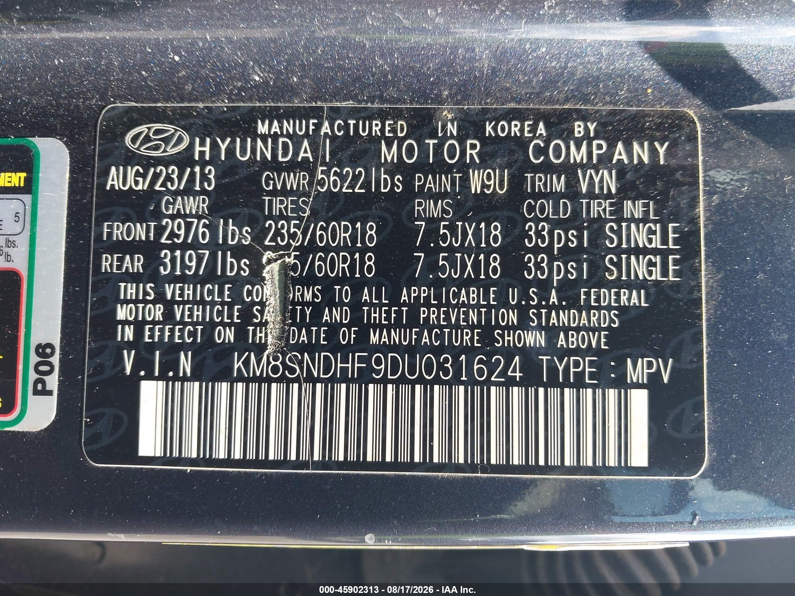 2013 Hyundai Santa Fe Gls Blue vin: KM8SNDHF9DU031624