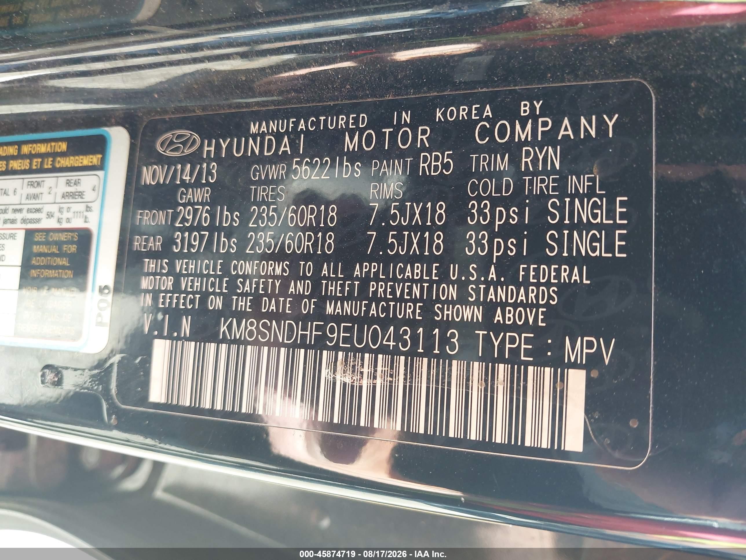 2014 Hyundai Santa Fe Limited Black vin: KM8SNDHF9EU043113