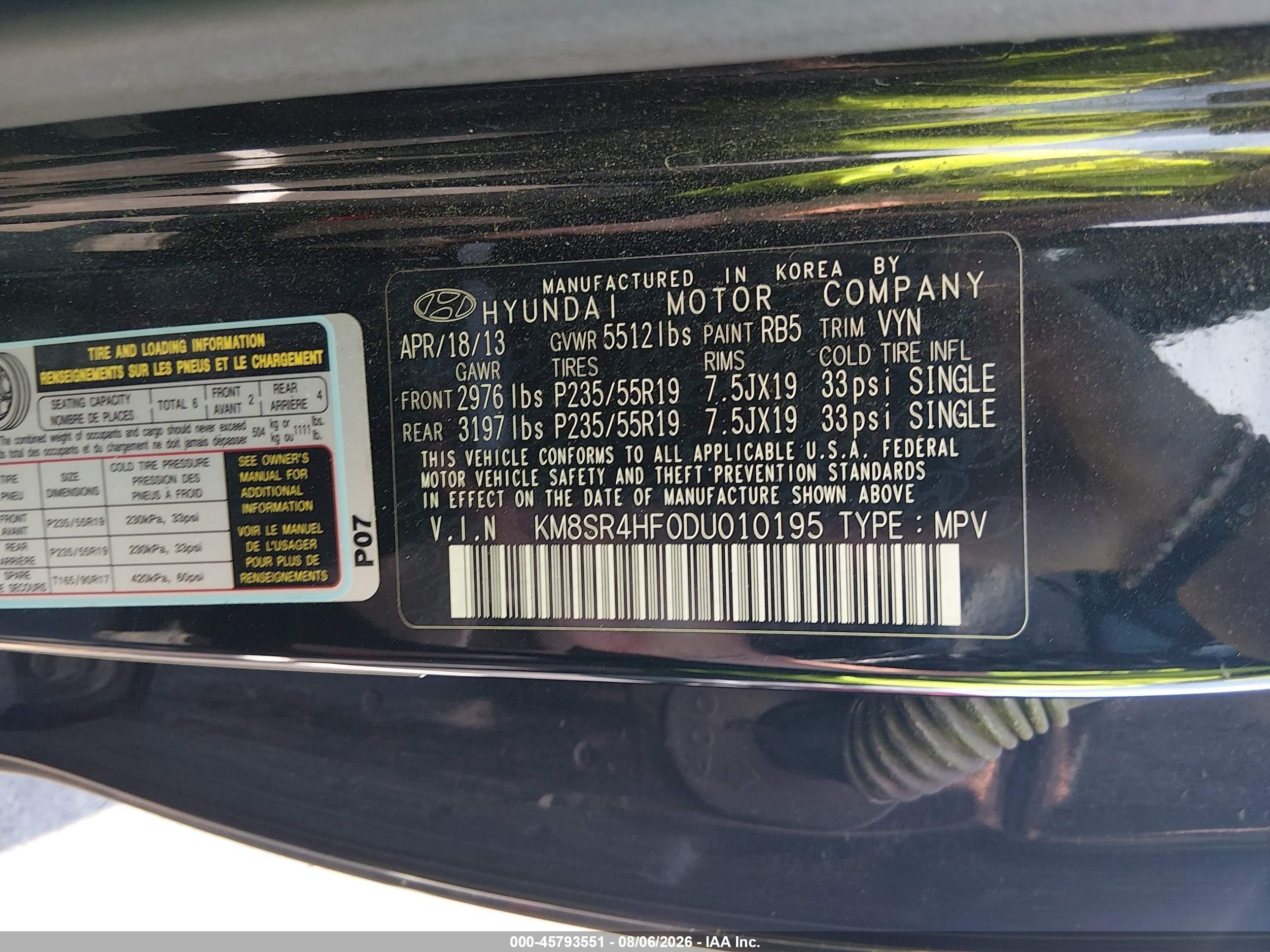 2013 Hyundai Santa Fe Limited Black vin: KM8SR4HF0DU010195